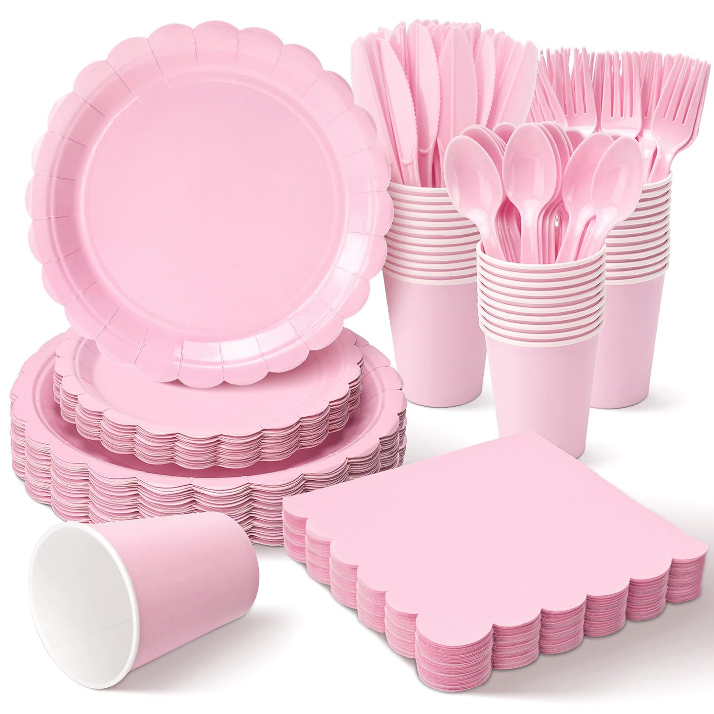 Vyntra 350 Pcs Pink Paper Plates and Napkins Set for 50, 9" Dinner Plates & 7" Dessert Plates, Tableware for Birthday Party, Mother's Day