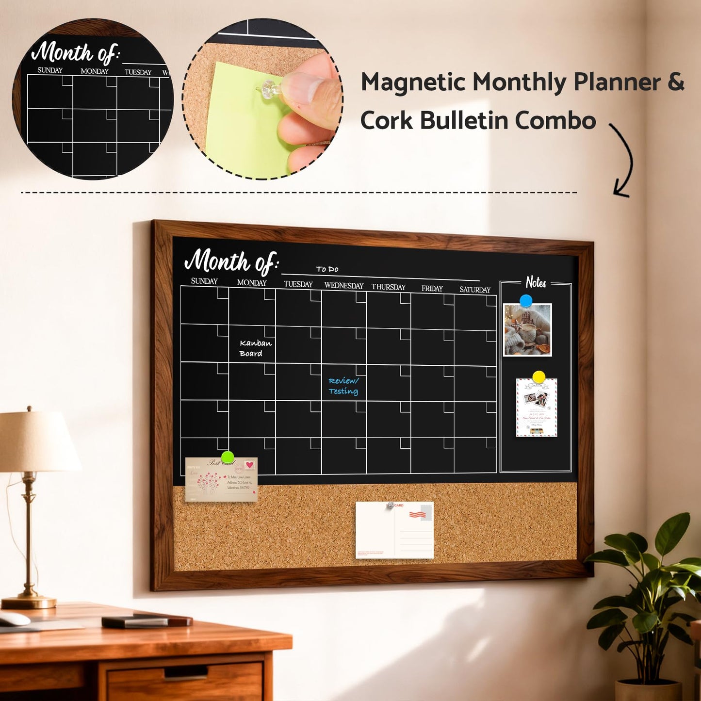 DOLLAR BOSS Chalkboard Calendar Corkboard Combo, 24" x 18" Magnetic Chalk Board Monthly Planner & Natural Cork Bulletin Rustic Wood Frame for Office Home School with 4 Markers, 8 Magnets, 10 Pins