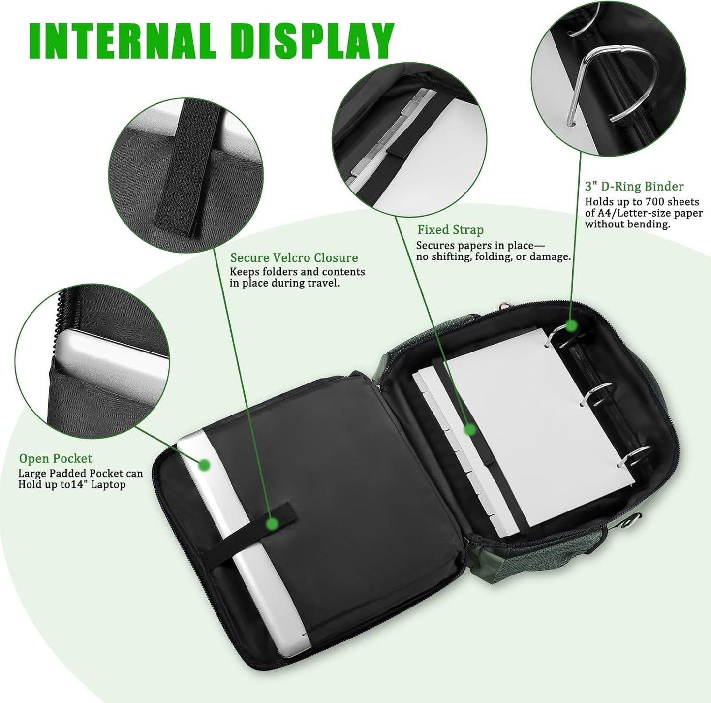 3 Ring Zipper Binder Bag for 700+ Sheets Capacity Detachable Backpack Straps & Shoulder 14 Inch Laptop for and Office (Green)