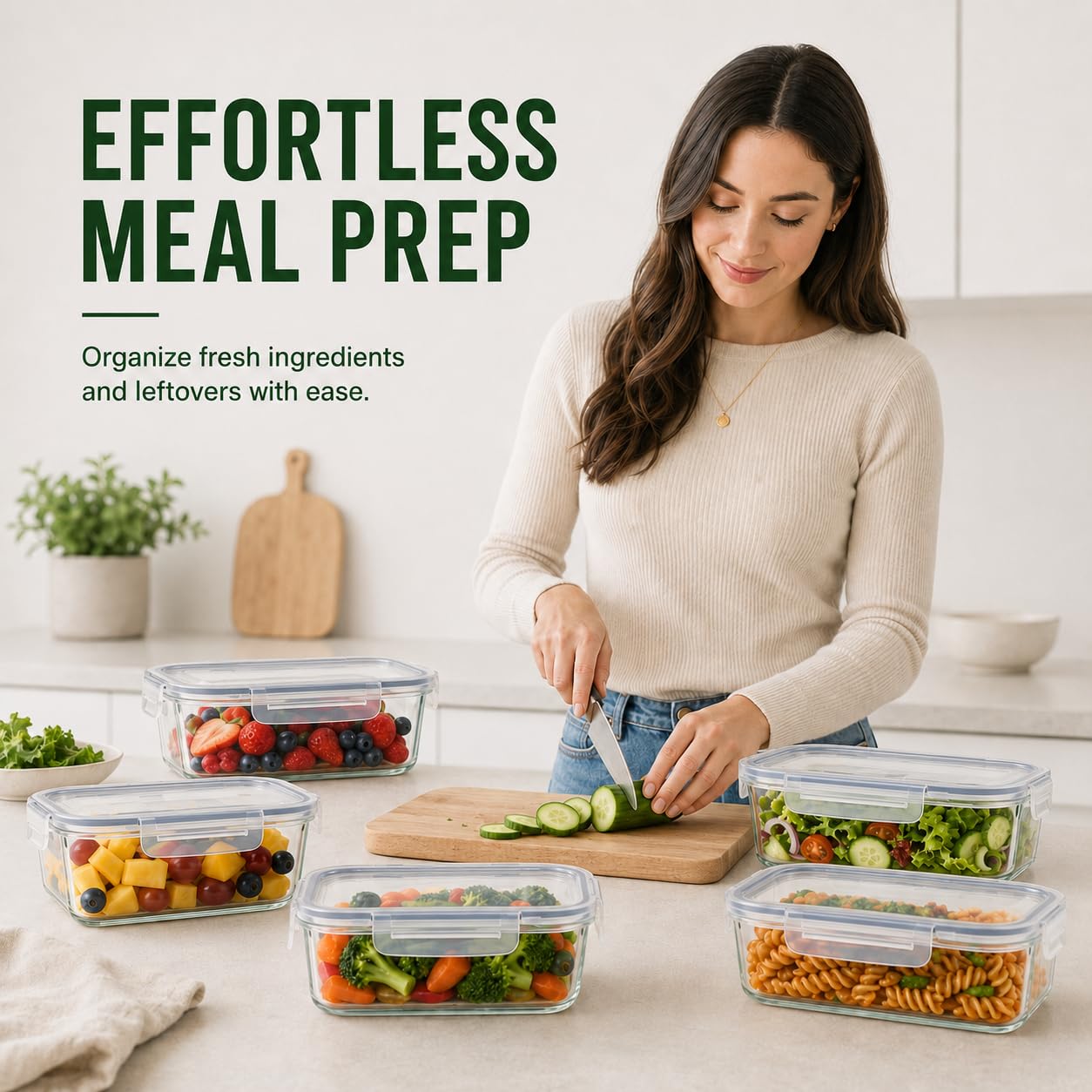 5 Pack 36oz Borosilicate Glass Food Storage Containers Set with Lids, Freezer Meal Prep Containers, Airtight Bento Lunch Container Set, Oven, Freezer and Dishwasher Safe, BPA Free, Kitchen Storage Set