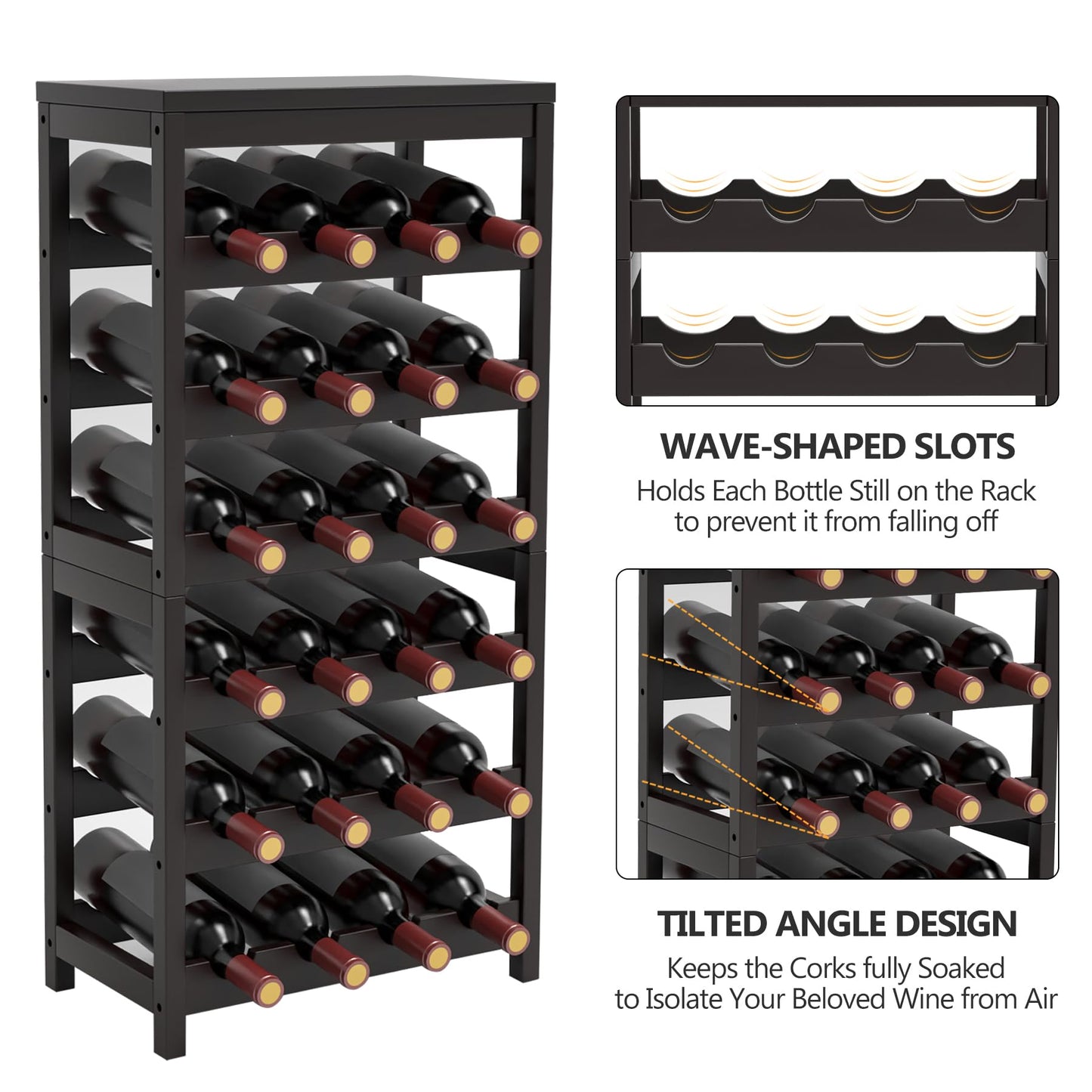 WRONWA 24 Botttle Wine Rack Freestanding Floor, 6 Tier Wine Rack Shelf with Table Top, Bamboo Wine Rack, Wine Storage Shelves Kitchen Bar Dining Room Living Room - Dark Brown