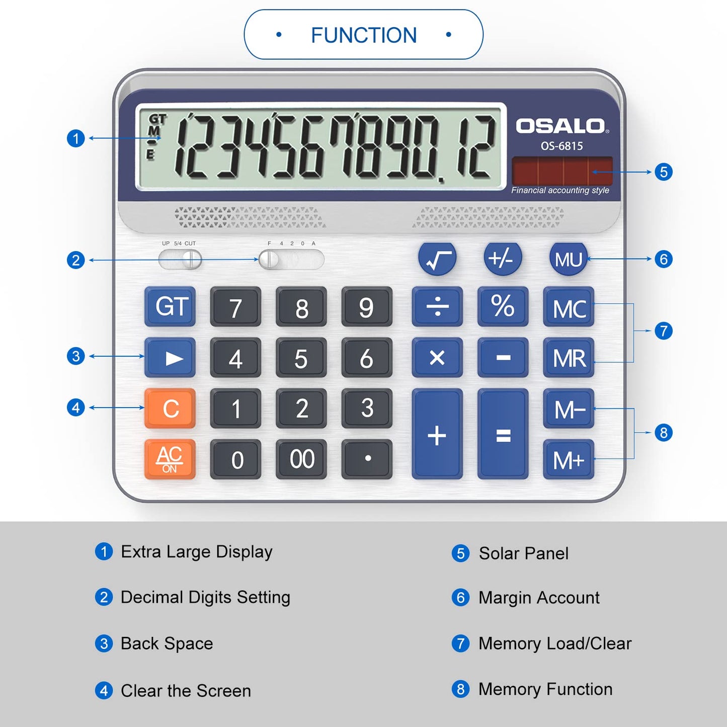 Desktop Calculator Extra Large 5-Inch LCD Display 12-Digit Big Number Accounting Calculator with Giant Response Button, Battery & Solar Powered, Perfect for Office Business Home Daily Use(6815-2pcs)