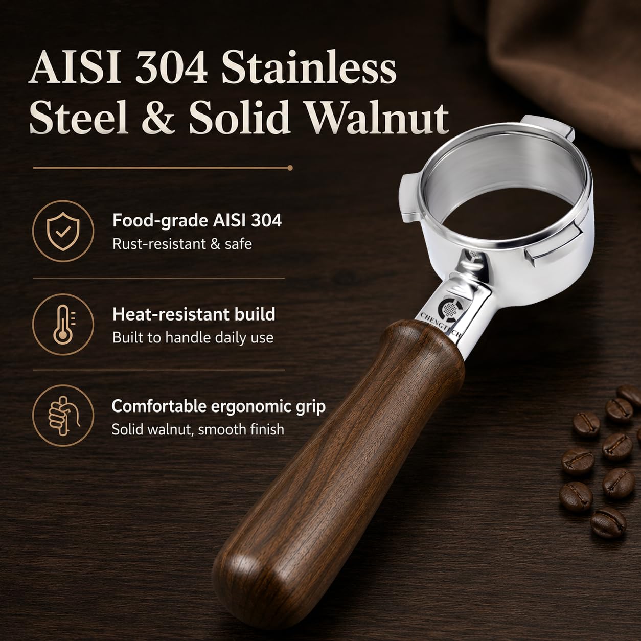 Chengtech Espresso Accessories, 54mm Bottomless Portafilter with Detachable Double Spout, 18g Convex Filter Basket, 3-Ear Design, Walnut Wood Handle, Compatible with Breville 54mm Espresso Machines