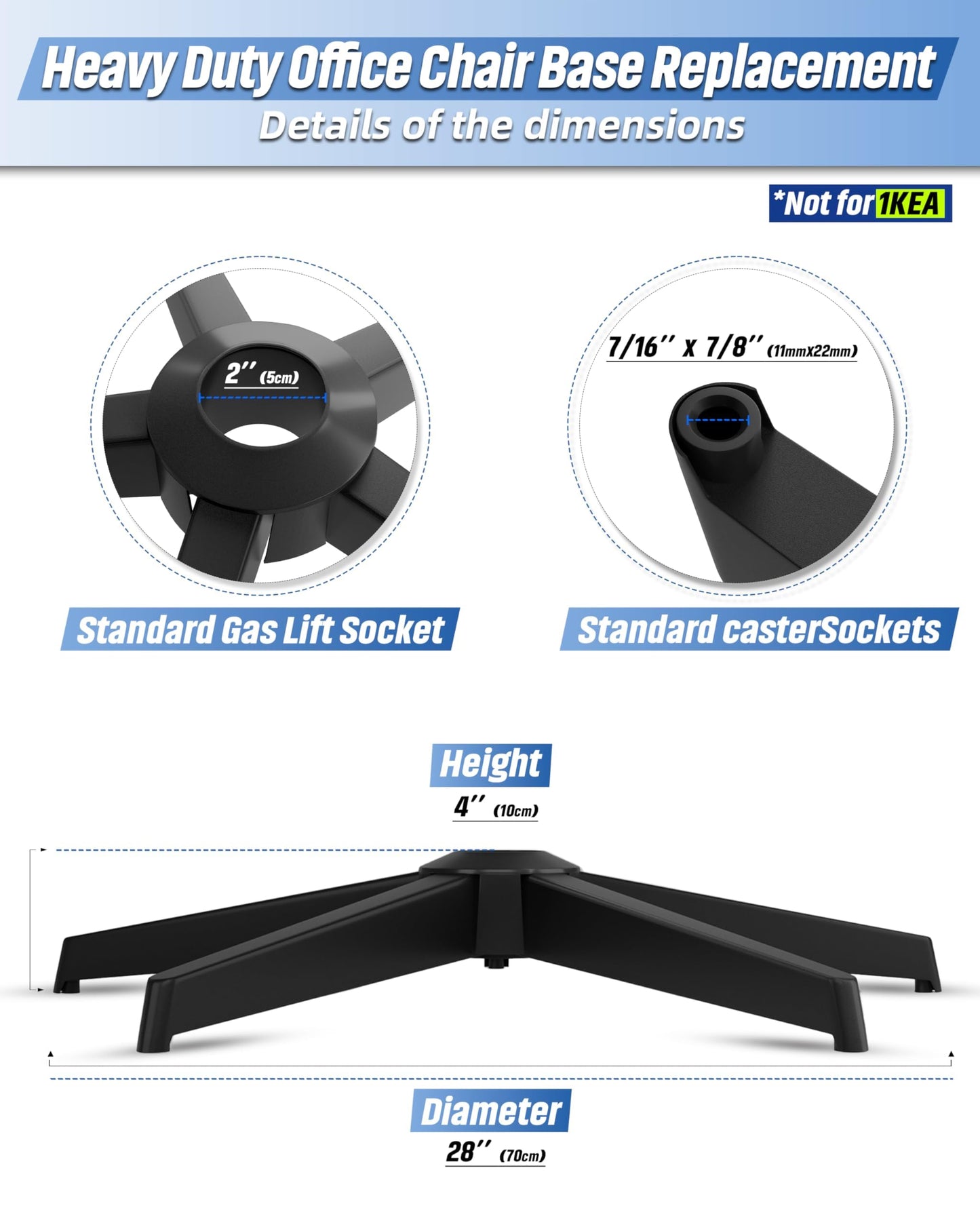 Mastery Mart 28'' Metal Office Chair Base Replacement with 5 Wheels, Heavy-Duty Reinforced Base for Managerial & Executive Chairs, Gaming Wide Chair Legs Computer Desk Chair Base, Black