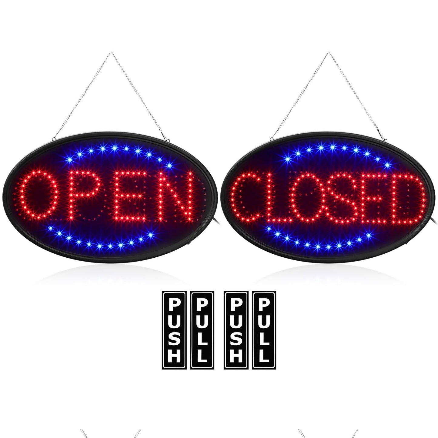 Kanayu 3 Pcs Closed Open LED Neon Sign and Push Pull Stickers Sign Set 23 x 14 Inch Open Closed Electronic Advertisement Display 5 x 2 Inch Vinyl Push Pull Vertical Decal Self Adhesive for Shop Bar