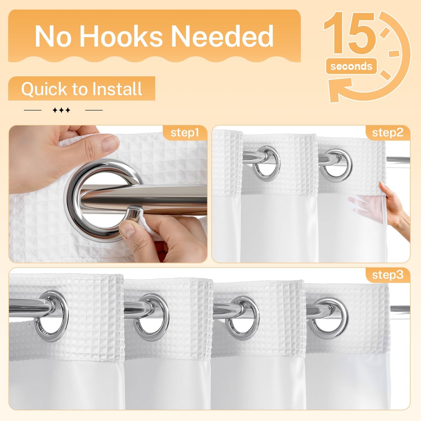 River Dream White Fabric Shower Curtain Set, Cotton Blend, Waffle Weave, with Snap in Replacement Liner，71 x 74 inches