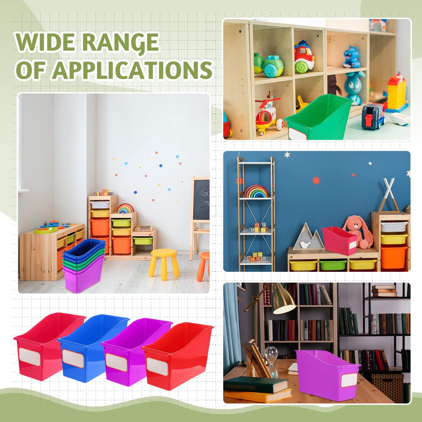 Teling 12 Pcs Book Bins Bulk - Plastic Book Storage Bin with Labels for Classroom Interlocking Magazine Holder Organizer Binder Container Box for School Office Desktop Bookshelf Home (Rainbow Bright)