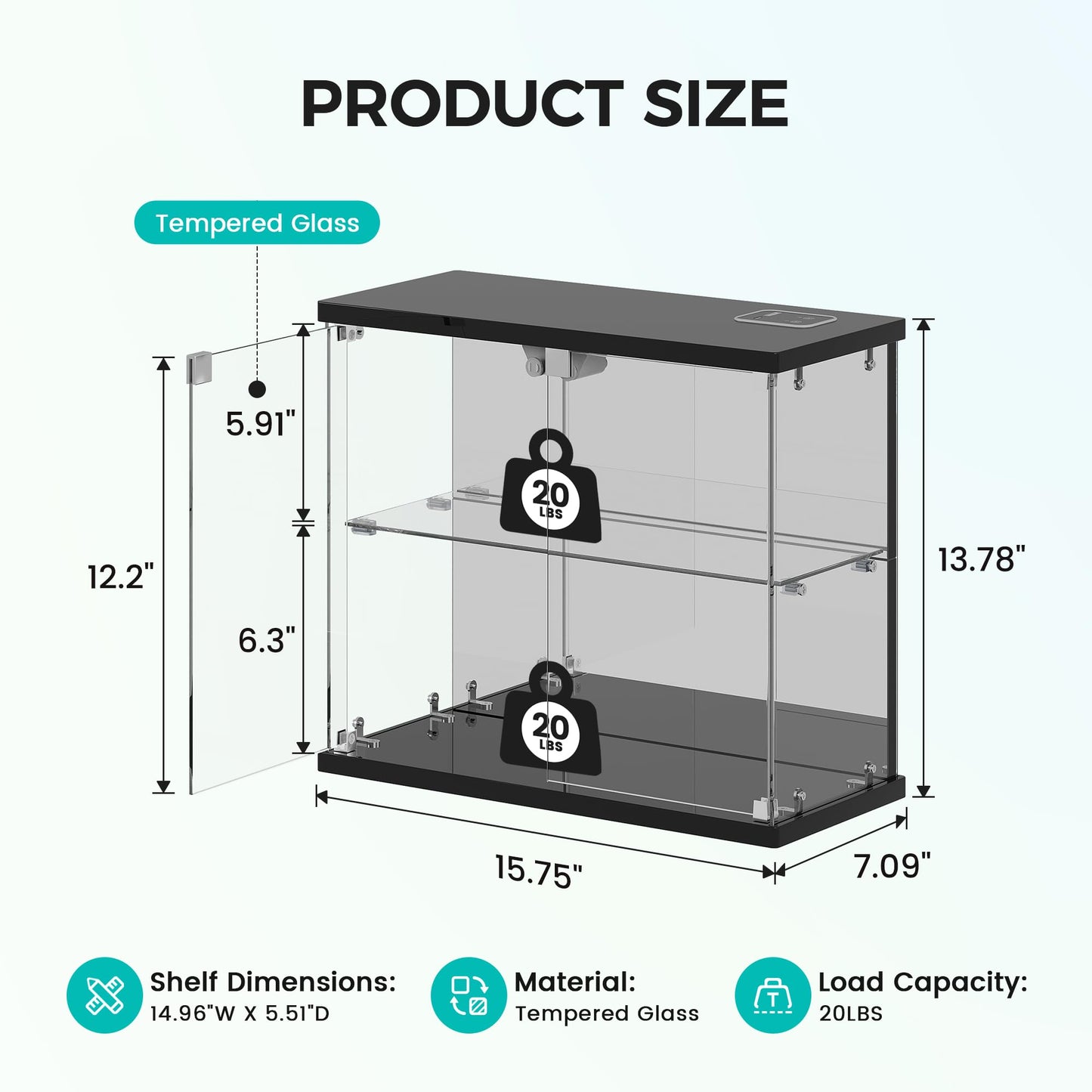 Dystler Lighted Clear Glass Display Case - for Figures & Collectibles, Small 2-Tier Display Cabinet with Charging Station, LED Display Box with Lights & Human Sensor, for Model Car, Perfume, Black