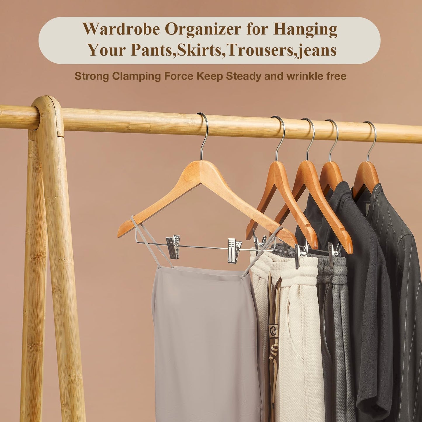 Ulimart Wooden Hangers with Clips 12 Pack Wooden Pants Hangers,Skirt Hangers with Adjustable Clips,Hangers for Pants,Jeans,Slacks,Shorts（Natural）