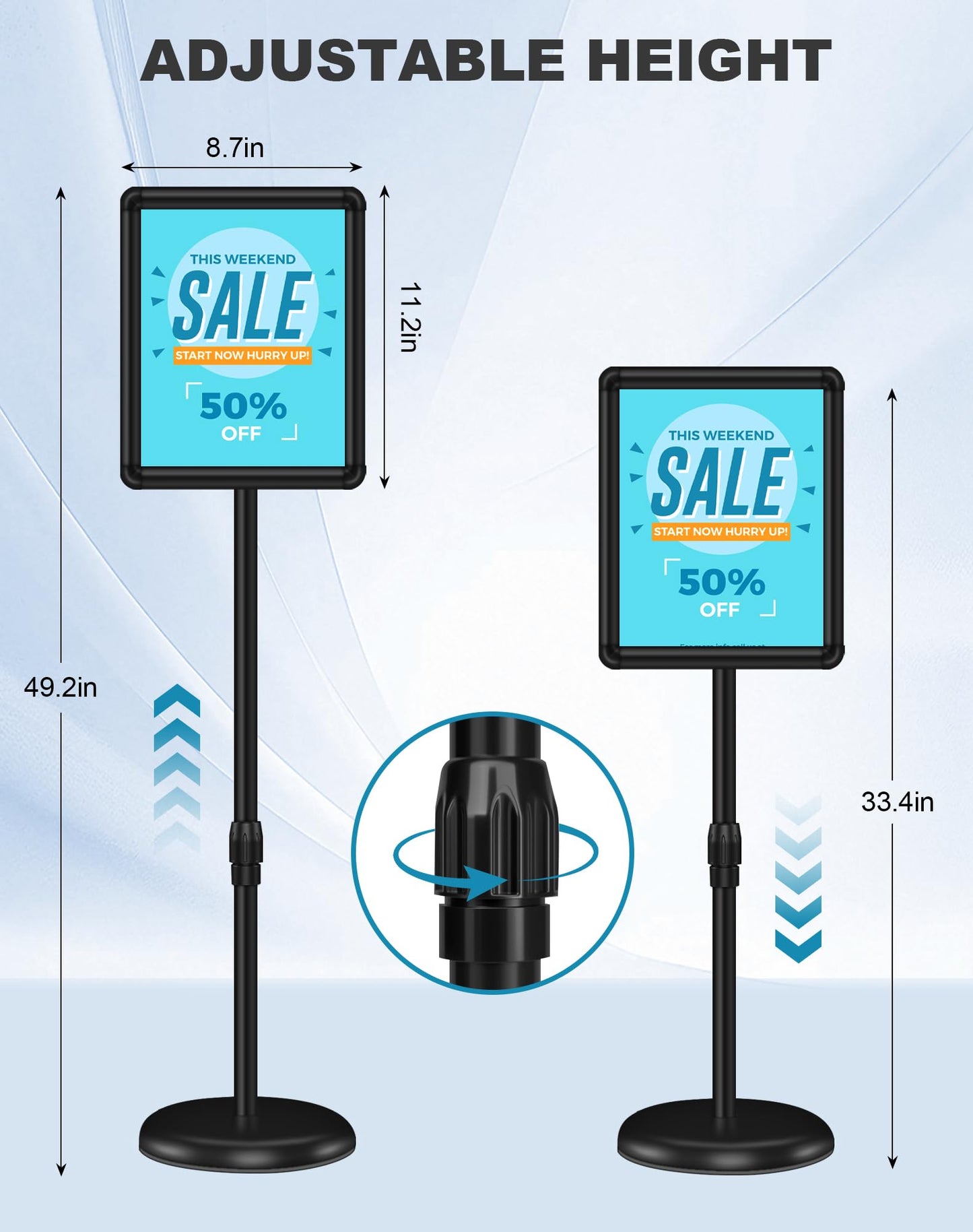 VRAZY 2 Pack Sign Holder Stand 8.5x11 inch for Display, Height Adjustable Floor Standing Signage Stand with 360° Rotated Snap Open Frame for Malls, Schools, Advertising, Outdoor Poster Stand