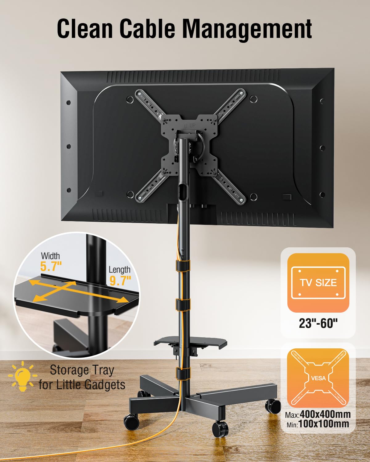 ELIVED Rolling TV Stand for Most 23"-60" TVs, Mobile TV Cart 90° Rotation Landscape to Portrait, Height Adjustable Floor TV Stand with Extendable Base, Max VESA 400x400mm, Up to 77 Lbs