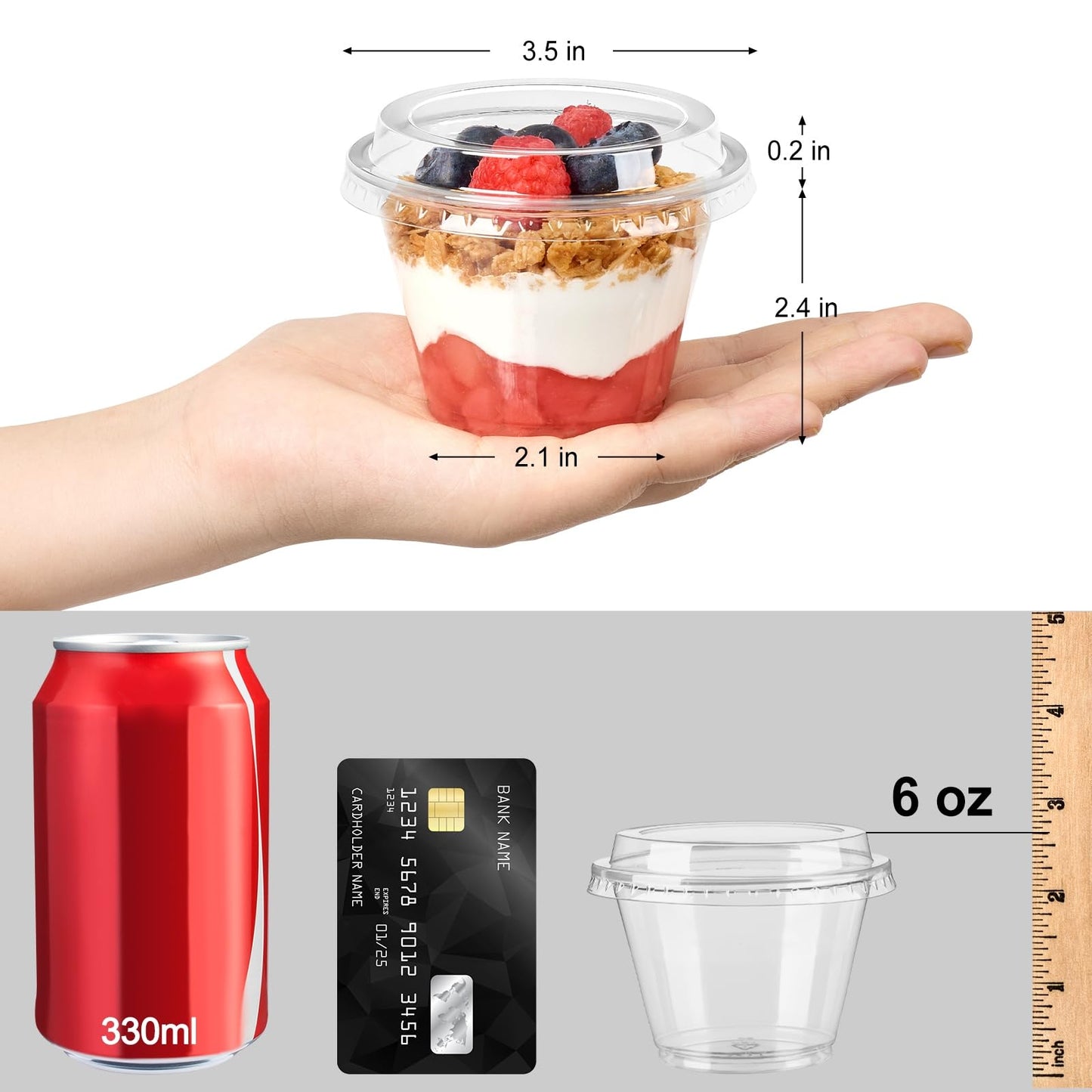 Jycnolm 100 Pack 6 oz Plastic Dessert Cups with Lids, Small Plastic Yogurt Parfait Cups, Mini Round Party Serving Cup for Pudding, Fruit, Cake, Appetizer, Dessert Shot Glasses