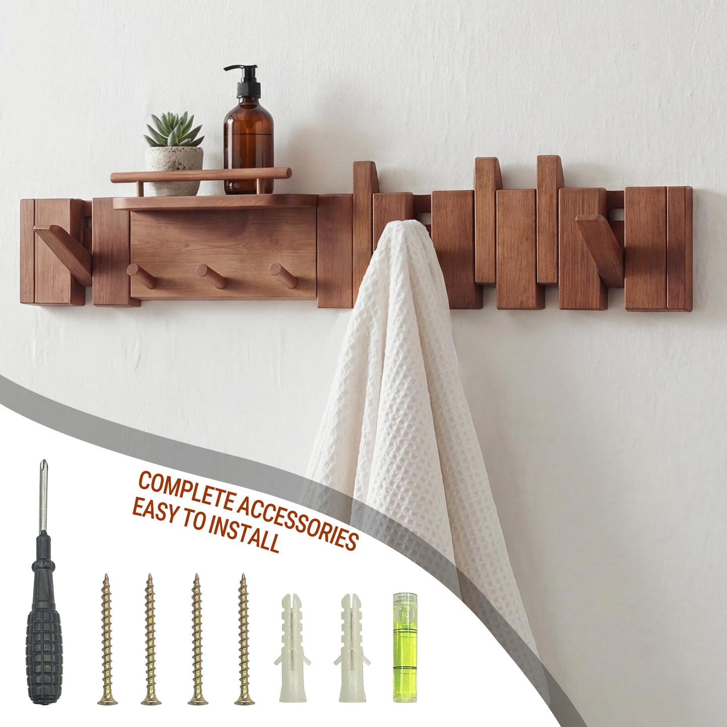 EasTeebw Mid Century Modern Walnut Foldable Entryway Wall Coat Hanger Hook with Shelf,Heavy Duty Wooden Piano Hidden Towel Hooks for Bathroom,Wall Rack for Purse&Key&Mail,Home Decor (Walnut, 9 Hooks)