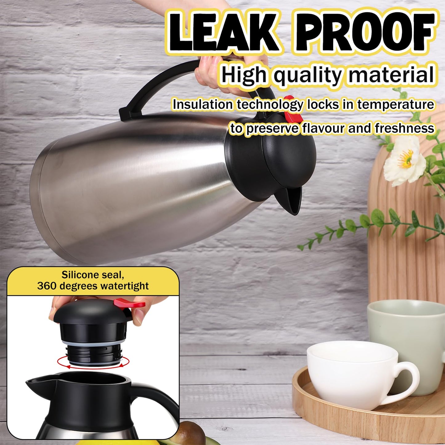 Nuogo 2 Pcs 102 oz Thermal Coffee Carafe Insulated Stainless Steel Carafe Double Walled Vacuum Coffee Pot Creamer Pitchers with Brush for Home Office Use Keep 24 Hours Hot Water Tea(Silver)