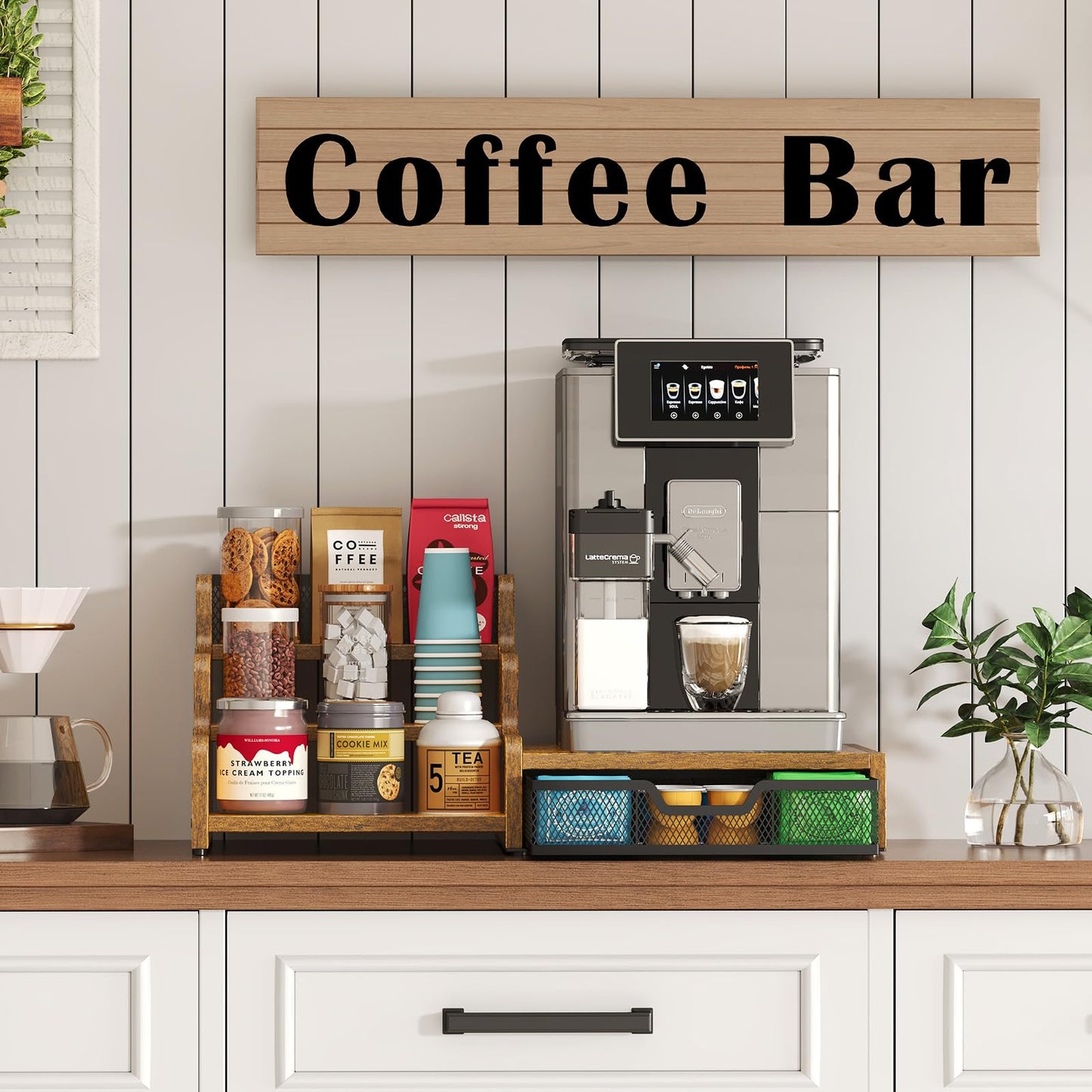 Bliesosfud Coffee Station Organizer with K Cup Holder, 28 Pod Capacity,3-Tier Syrup Rack with Coffee Pod Holder Drawer, Coffee Bar organizer Countertop for Accessories,Rustic Brown