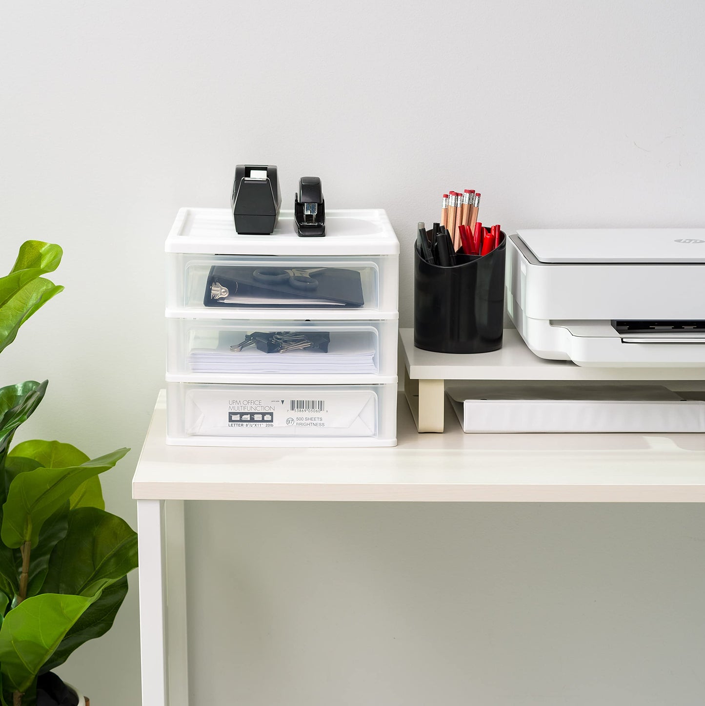 IRIS USA Plastic Stacking Desk Top 3-Drawer Storage Organizer, 2-Pack, for Makeup Vanity Nail Polish Bathroom Stationery Art Craft Supplies Kitchen Office Garage and Small Organization, Medium, White