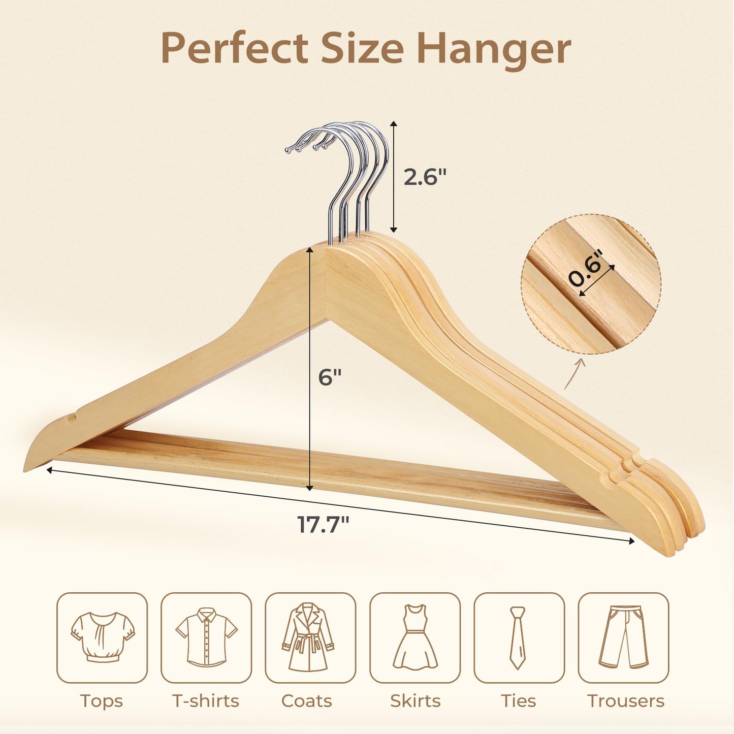 Liyarya 50 Pcs Wooden Hangers, Smooth Finish Wood Hangers with Non-Slip Shoulder Notches, 360° Swivel Hooks, Heavy Duty Clothing Rack for Coats, Suits, Jackets, Shirts - Natural