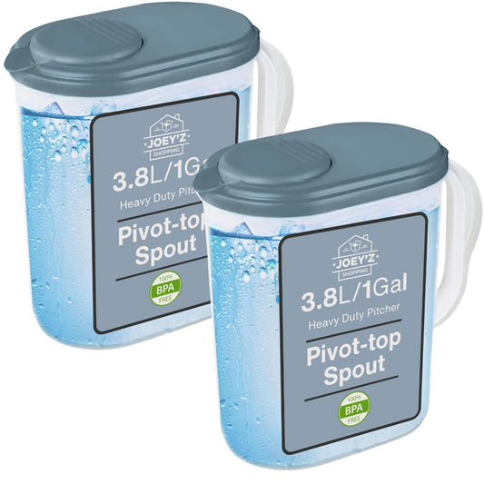 2-Pack Water Pitcher with Lid & Pivot Top Spout 1 Gallon Pitcher - Slim Design Fits Fridge Door - Freezer/Dishwasher Safe, BPA Free & Phthalate Free - Gray