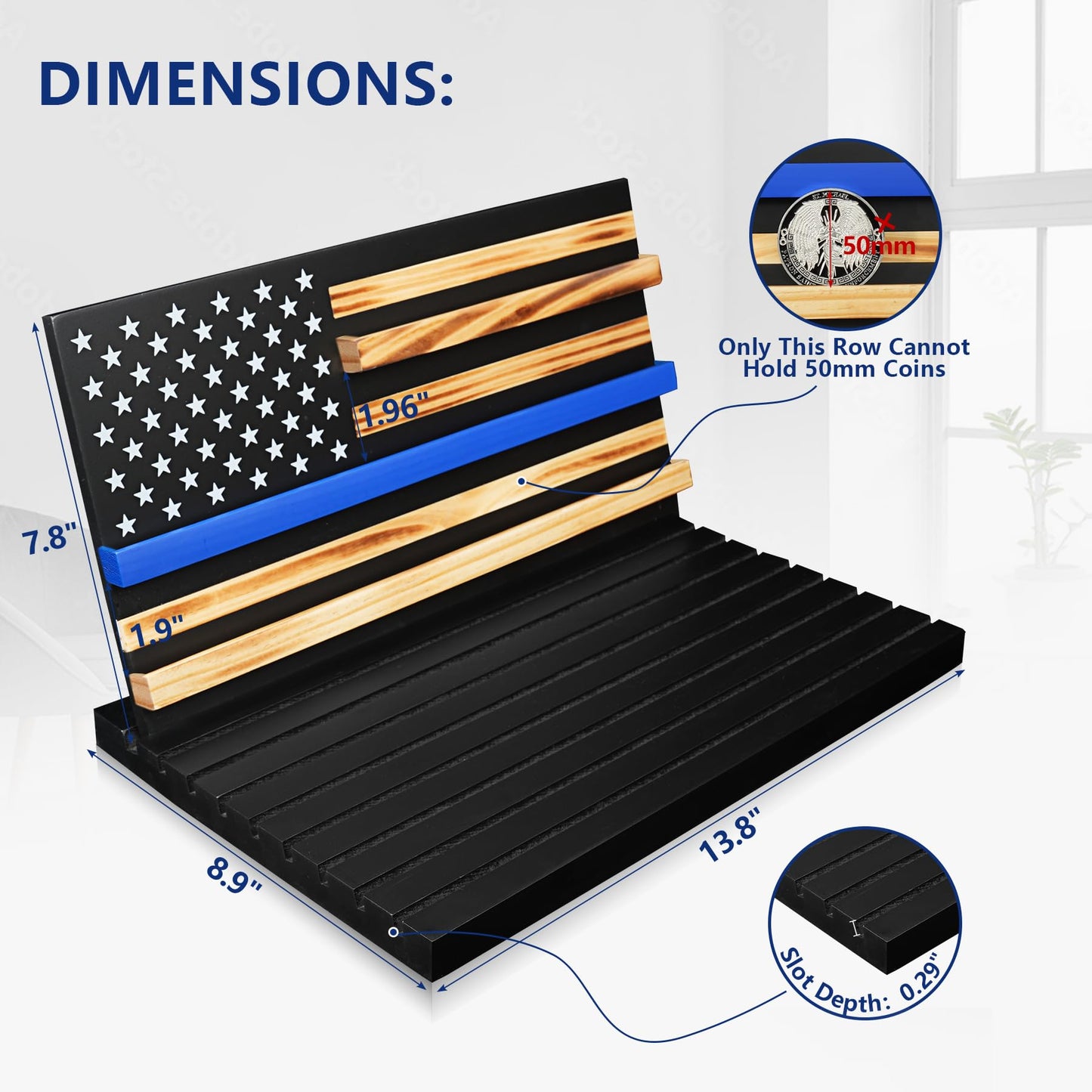 YUN RUI 11 Rows Challenge Coin Display, Removable Military Coin Holder Display with American Flag, Wooden Coin Display Case Rack Holds 95-106 Coins,Black