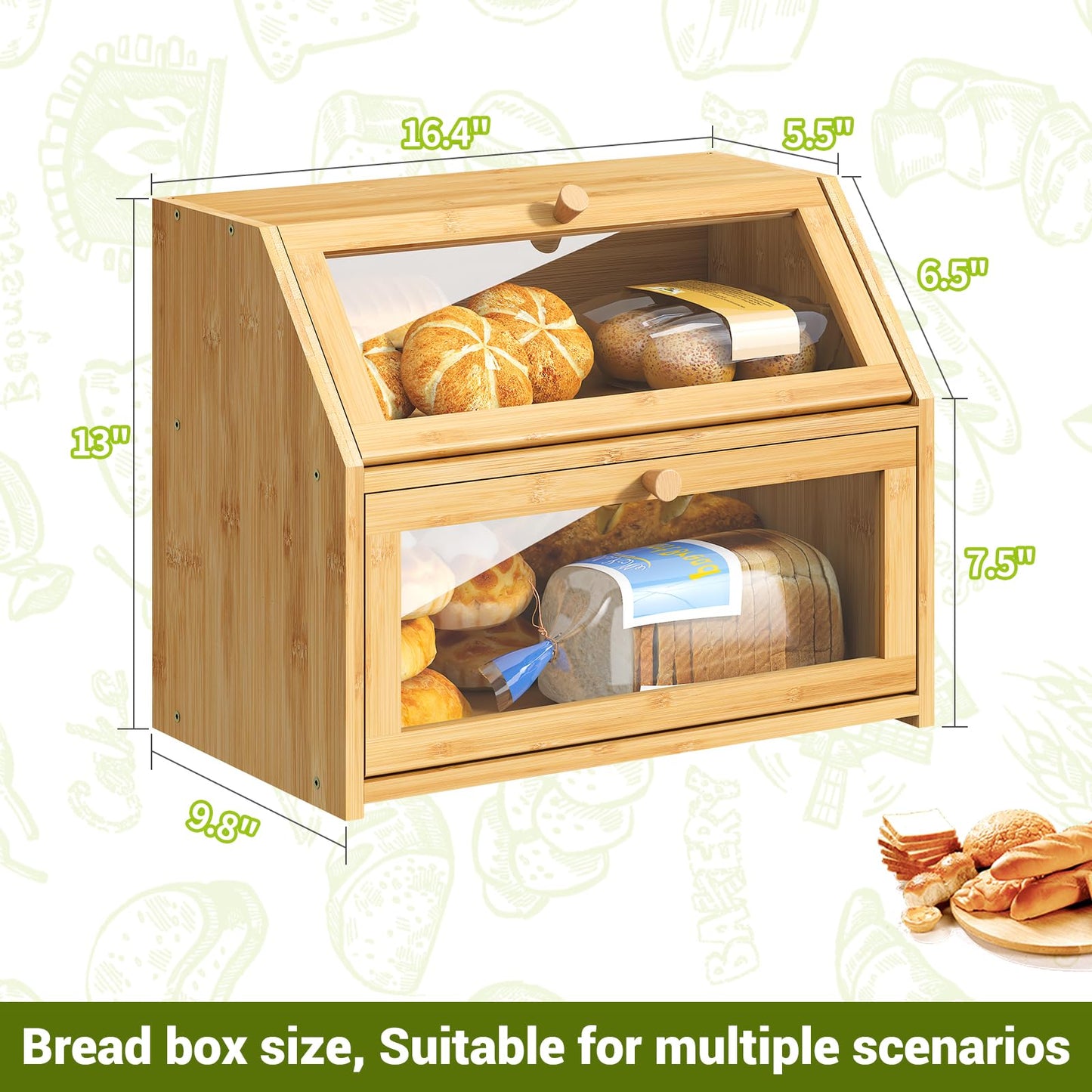 BMOSU Farmhouse Bread Box for Kitchen Countertop Bread box Double Layer Bamboo Wooden Extra Large Capacity Bin Kitchen Food Storage Container(Natural)