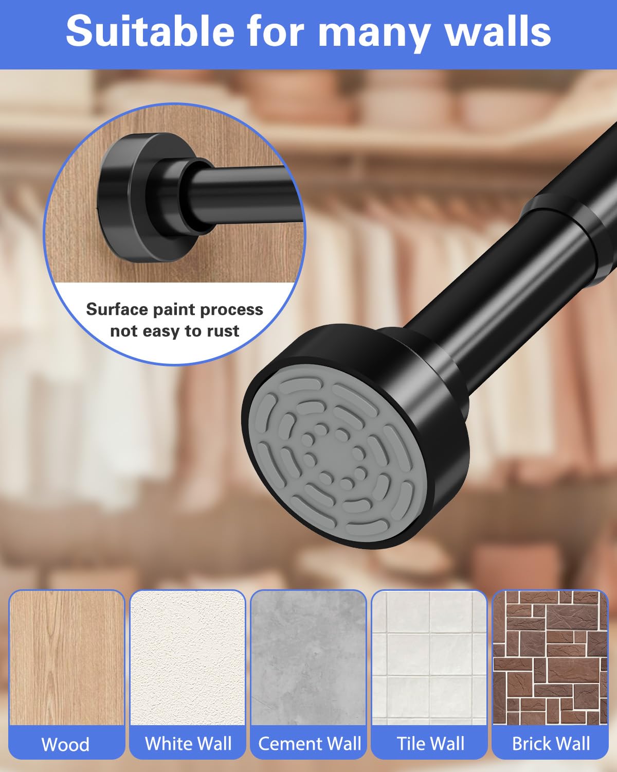 Supforce No Drilling Closet Rods for Hanging Clothes, Non Slip Tension Rod with Heavy Duty Clothes Hanging Rod, 17-69 Inches Adjustable Spring Closet Rod for Closet Wardrobe Bathroom Laundry RV, Black