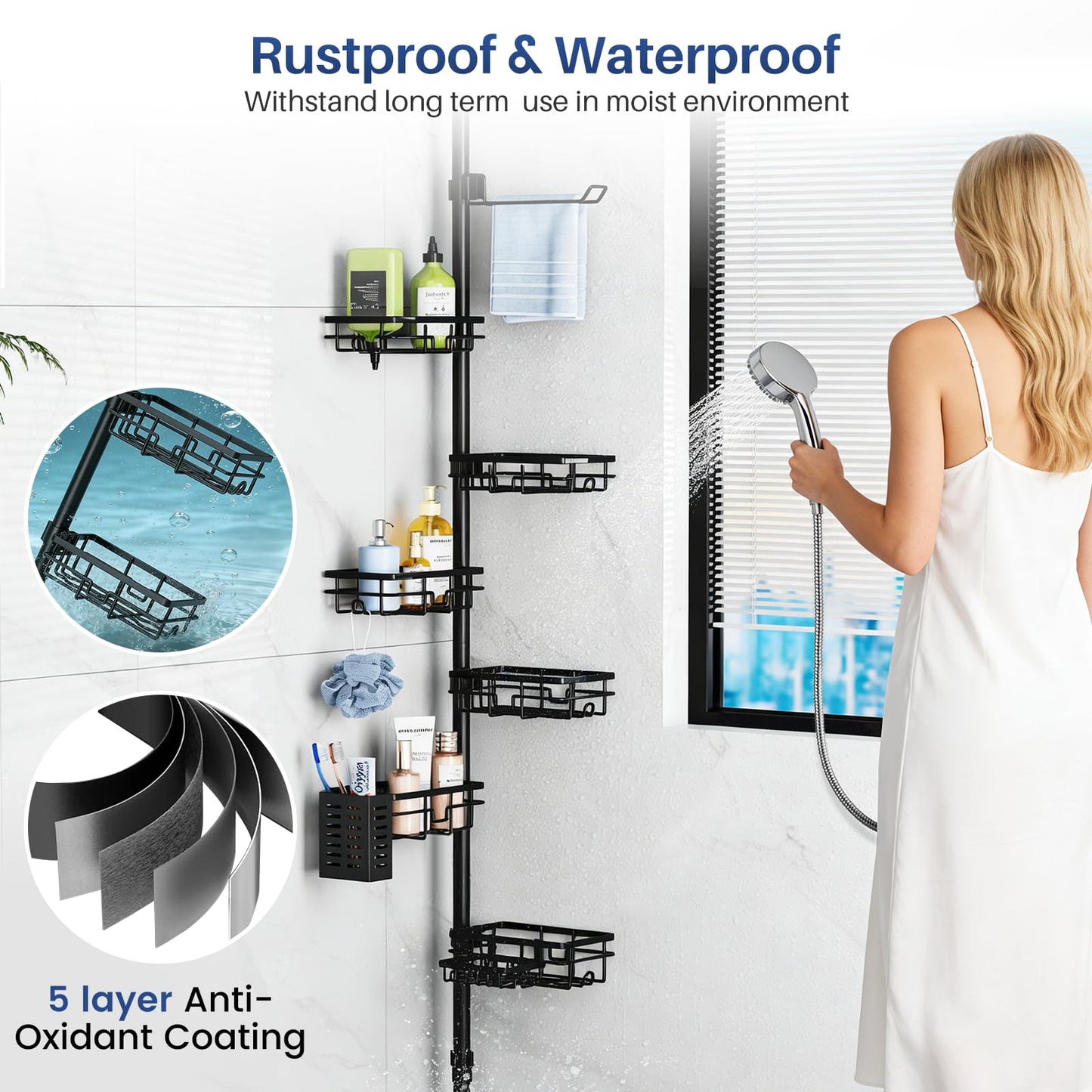 Corner Shower Caddy Organizer Tension Pole, Adjustable 6 Shower Shelves Corner Shelf 30-120Inch Rustproof Shower Rack for Inside Shower, Extra Towel Bar Soap Dish Bathroom Organizers and Storage Black