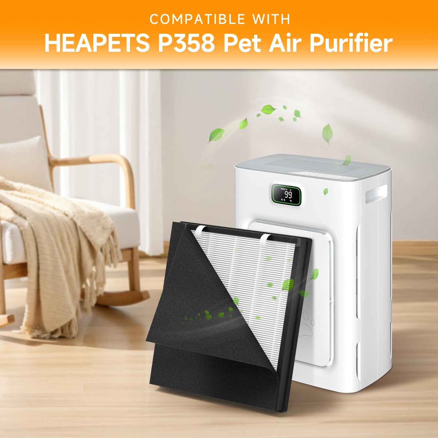P358 Replacement Filter Compatible with HEAPETS P358 Pet Air Purifier, 3-in-1 Air Filter for Pet Hair, Dander, Odor, Includes 4 Composite Filters and 12 Pre-Filters