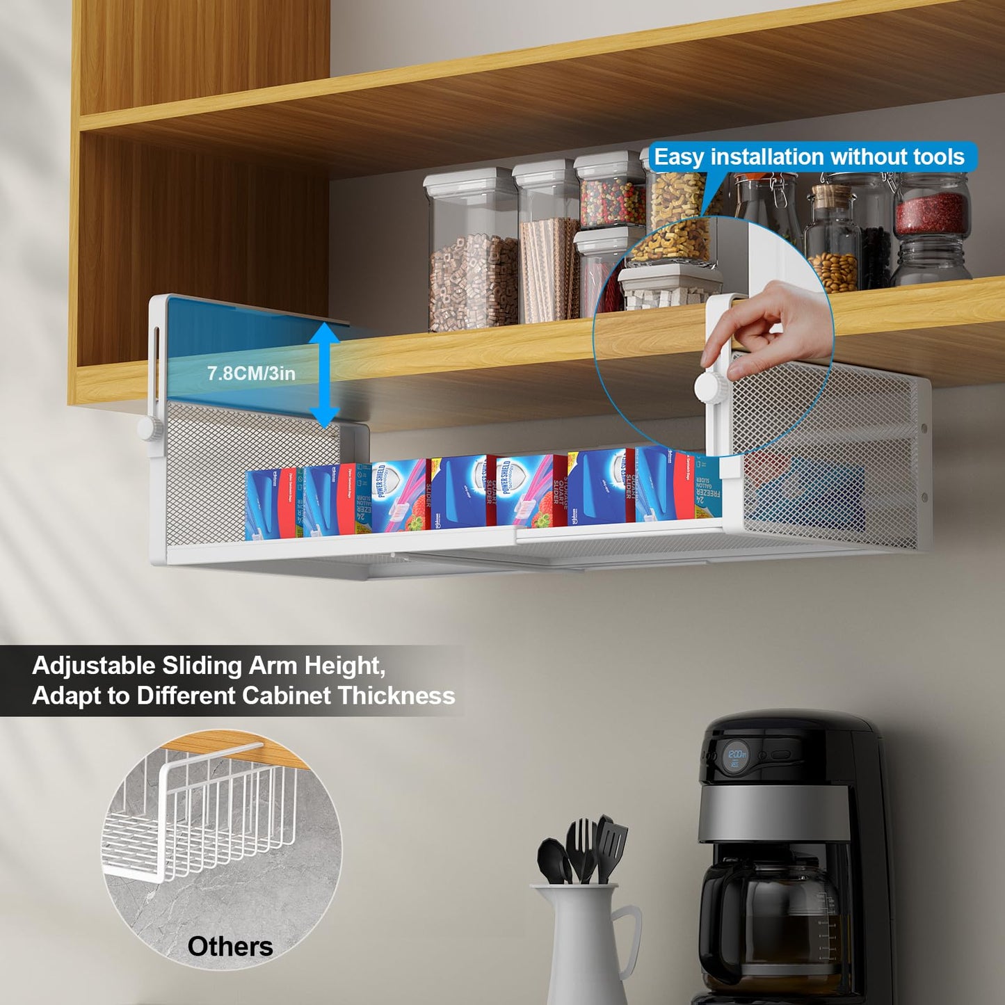 AmonHouseware 2Pack Under Shelf Basket, Adjustable Hanging Under Cabinet Shelf Storage, Hanging Holder Length Stretchable 14.9-22.6Inch for Kitchen Pantry Desk Counter Bookshelf Cupboard (White)