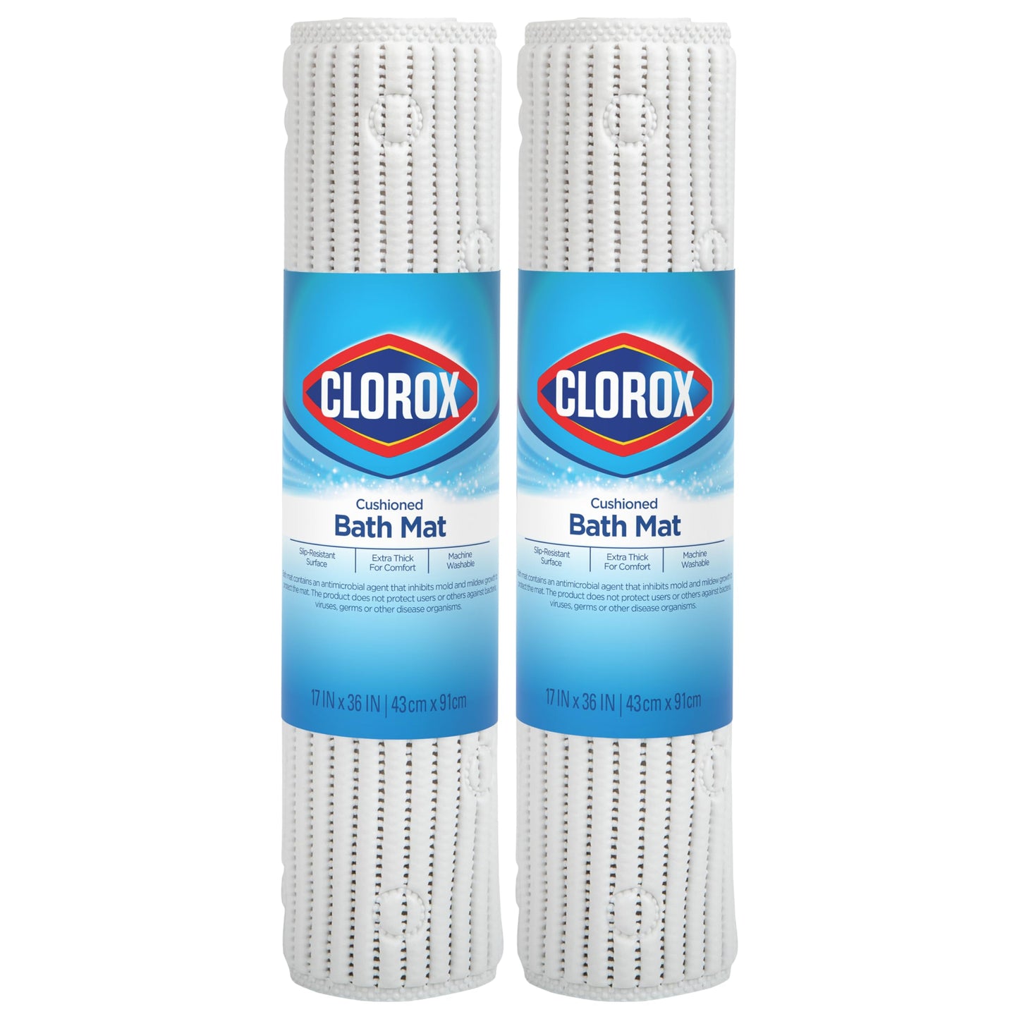 Duck Brand Clorox Cushioned Shower Mat, Non Slip Bathtub Mat with Suction Cups, 17 Inches x 36 Inches, White, 2 Pack