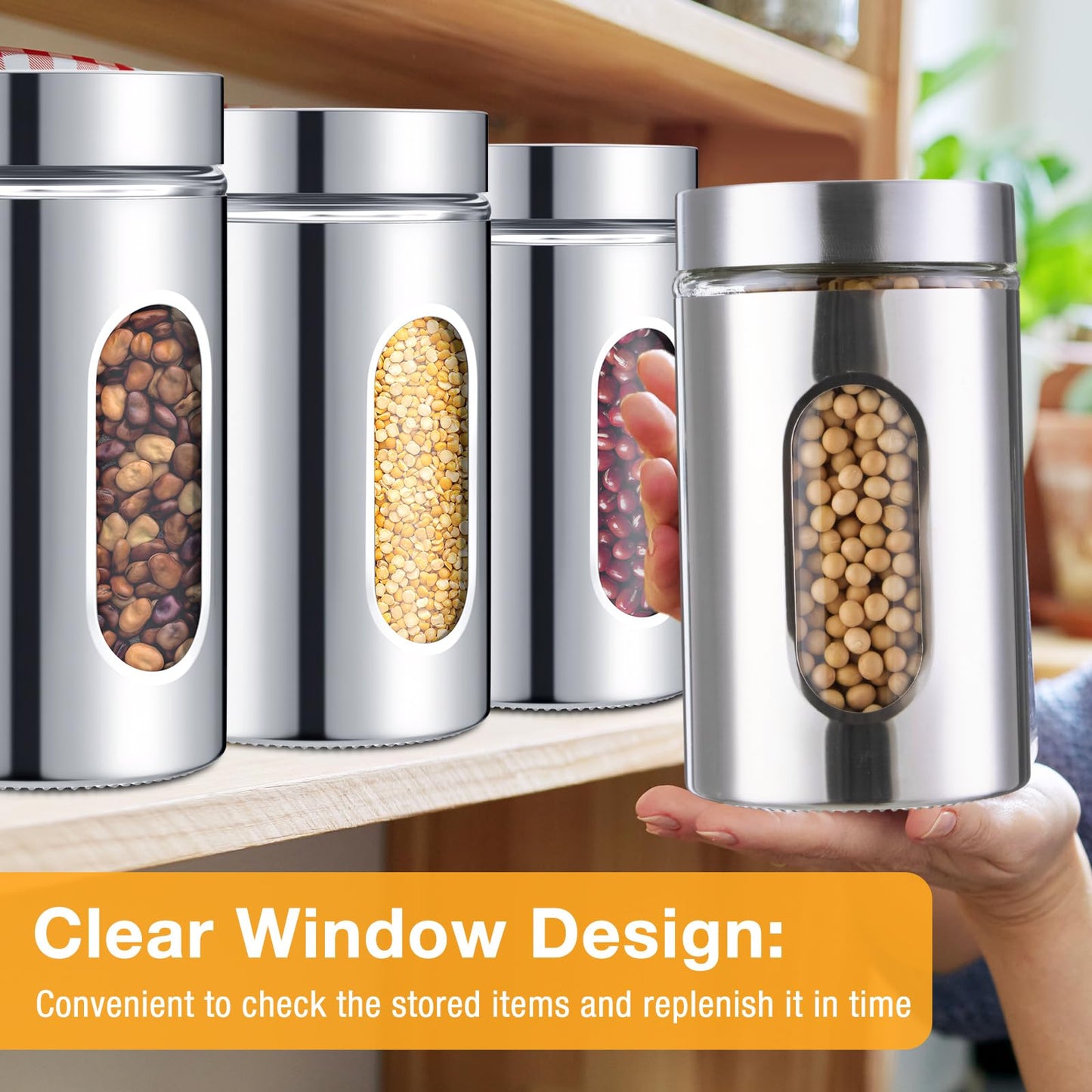 Mimorou 6 Pack Kitchen Canisters Set Airtight Coffee Sugar Tea Candy Storage Jars with Window Glass Stainless Steel Containers with Lids for Flour Cookies Spices Grains Kitchen Decorations(32 oz)