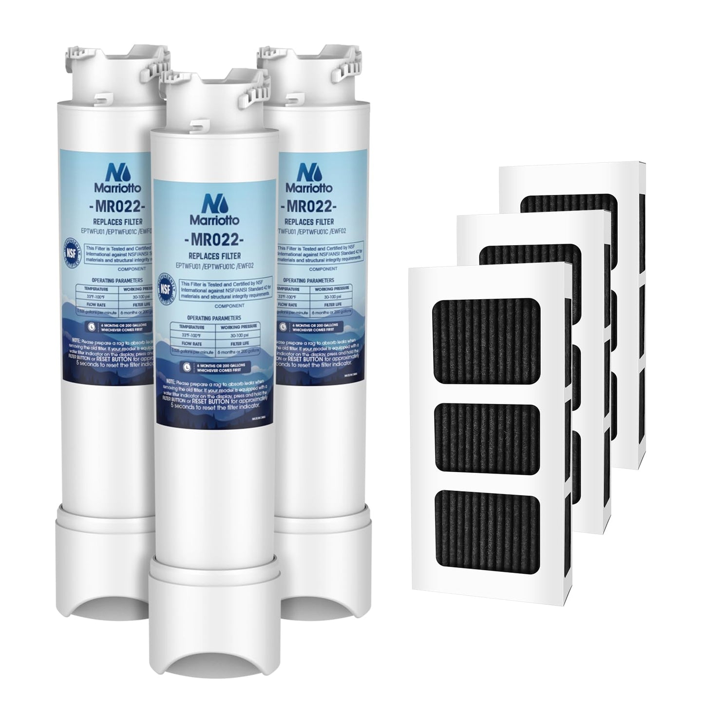 MARRIOTTO MR022 Water Filter, Compatible with Frigidaire refrigerator EPTWFU01, EWF02, Pure Source Ultra II and Pure Air Ultra 2 Air Filter (3+3)