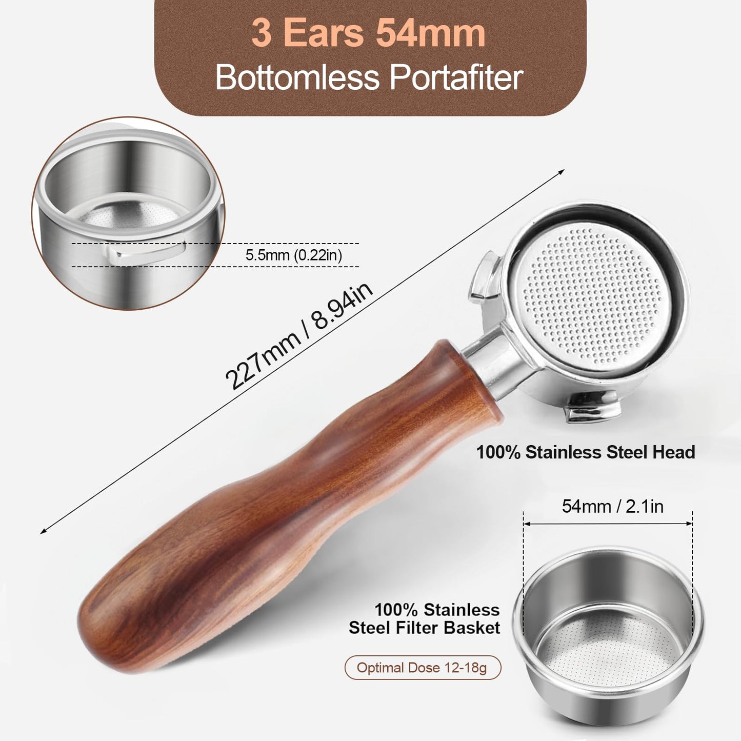 WhaleSiper 54mm Bottomless Portafilter with Puck Screen, Compatible with Breville BES870/880 & Solis etc., 3-Ear Stainless Head