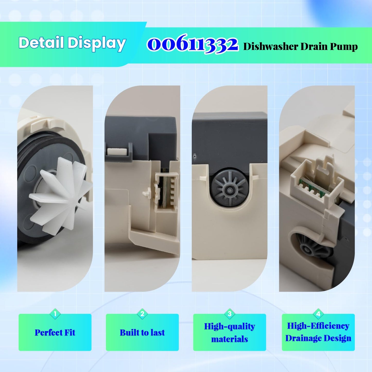 OEM 00611332 Dishwasher Drain Pump Assembly Compatible with Bosch Kenmore,Replaces 611332 1557816 AP4339596 PS3477702 & More Models