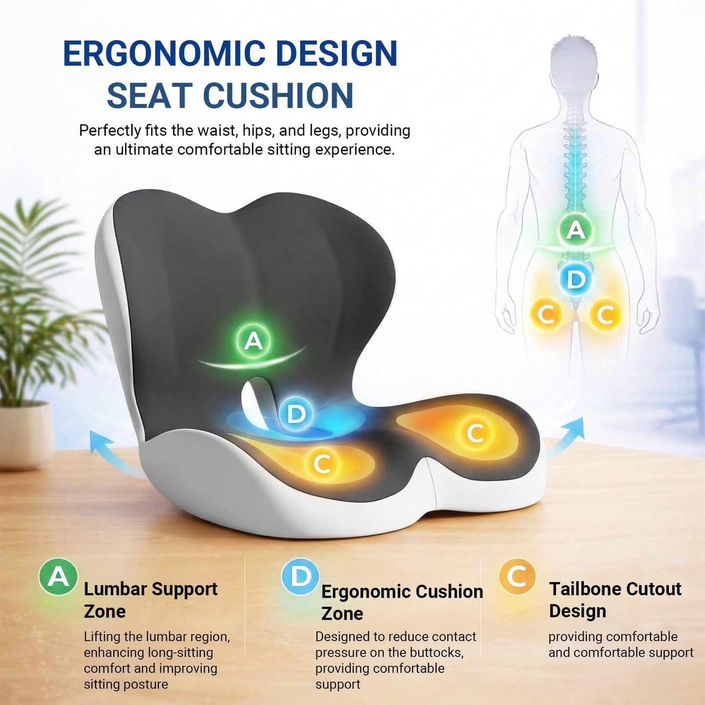 Ergonomic Seat Cushion Set with Lumbar Support Pillow, High-Density Memory Foam Cushion with Non-Slip Base, Posture Support Cushion for Office Chair, Home Chair, Car Seat (Dark Gray + Light Gray)
