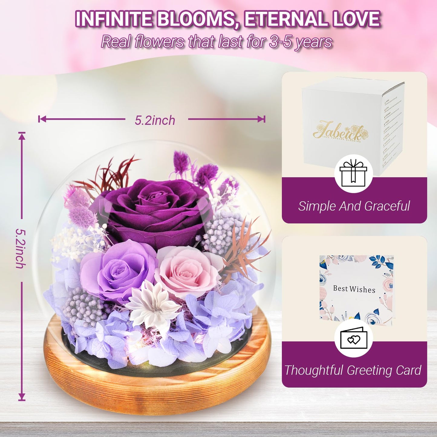 Preserved Flowers Rose in Glass Dome Forever Flowers Valentines Day Gifts for Her Eternal Roses with Light Long-Lasting Real Flowers Mothers Day Birthday for Women Mom Grandma, Purple