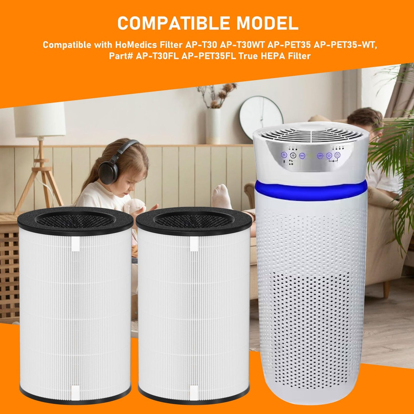 AP-T30 True HEPA Replacement Filter Compatible with HoMedics AP-T30 AP-T30WT AP-PET35 AP-PET35-WT Air Cleaner Purifier, Part# AP-T30FL AP-PET35FL, 2 Pack