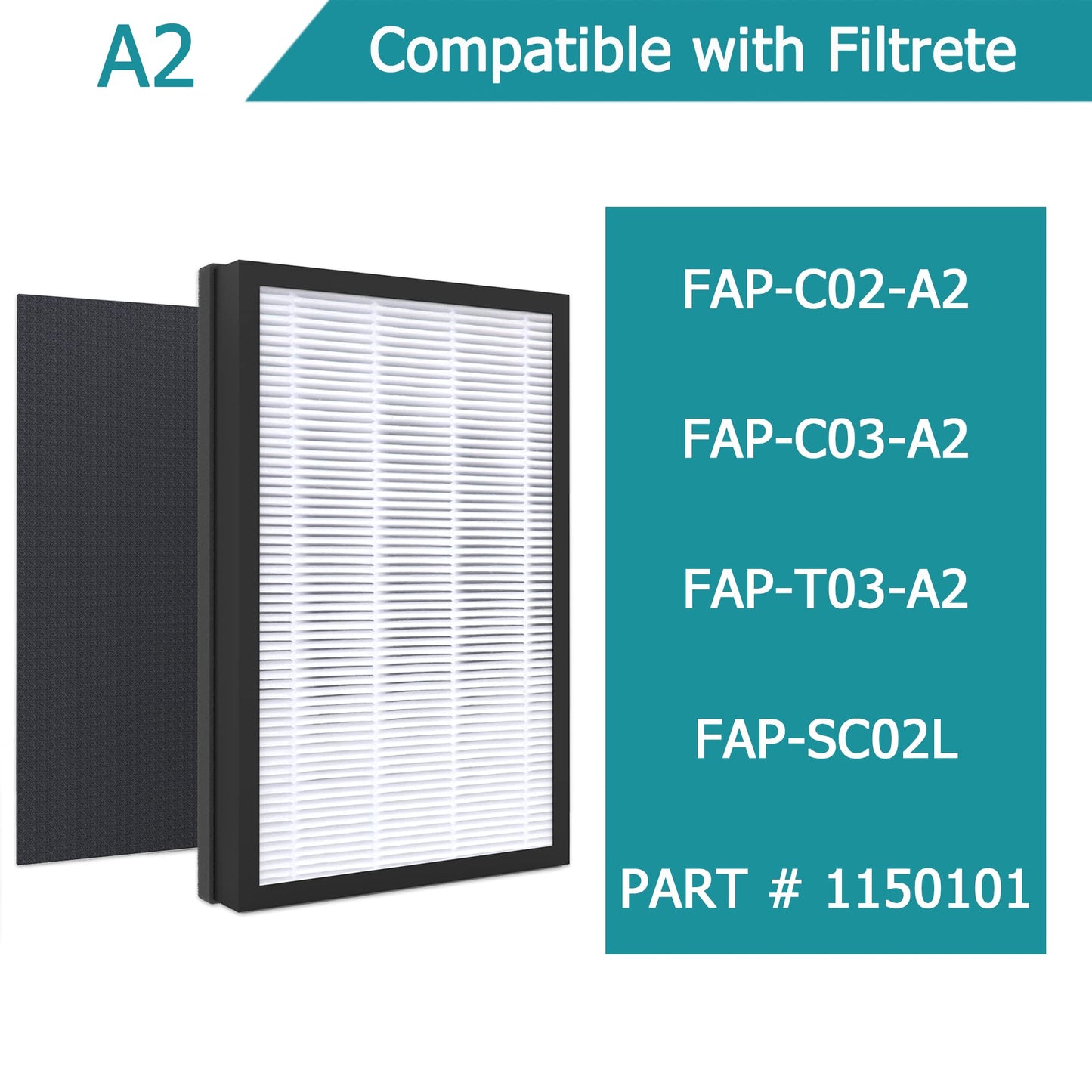 Vegebe 2-Pack A2 H13 True HEPA Replacement Filter, Compatible with Filtrete 3M A2 Room Air Purifier FAP-C02-A2, FAP-C03-A2, FAP-T03-A2, FAP-SC02L, Part No.1150101, Filter Size A2