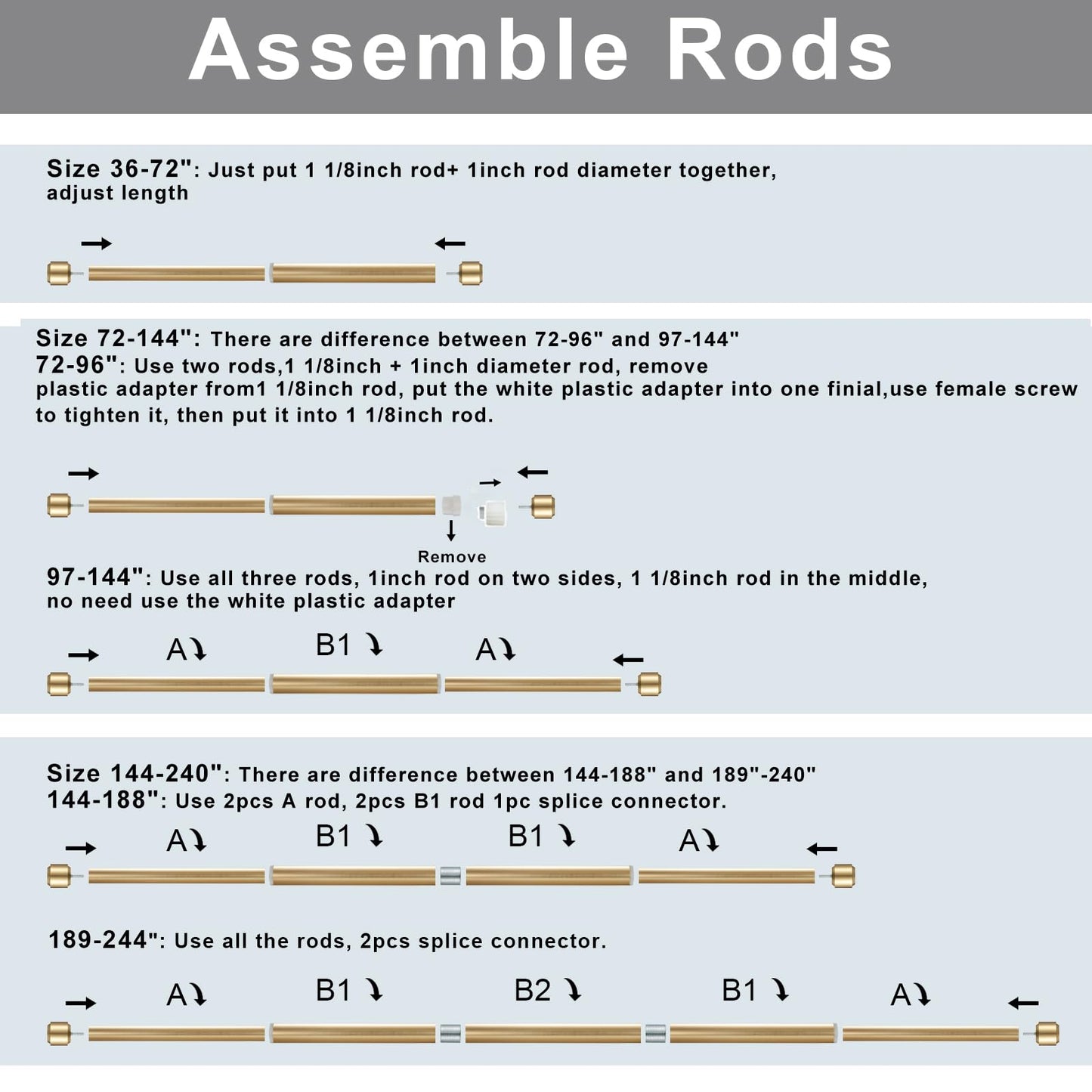 Heavy Duty Curtain Rods, 1 1/8 Inch Diameter Single Curtain Rod 36-72Inch(3-6ft) Extendable Length with End Caps Adjustable Modern Brackets-Warm Gold