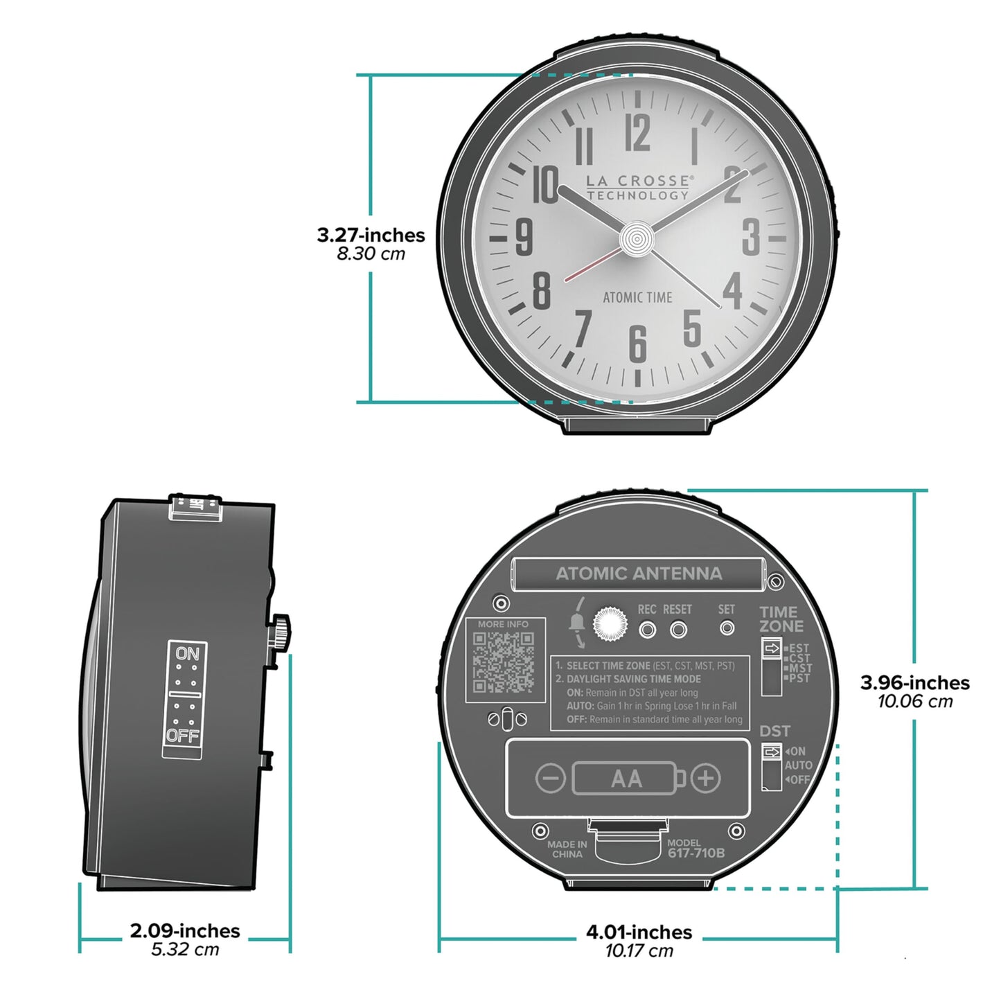 La Crosse Technology 617-710B-INT 4-Inch Round Black Atomic Analog Alarm Clock