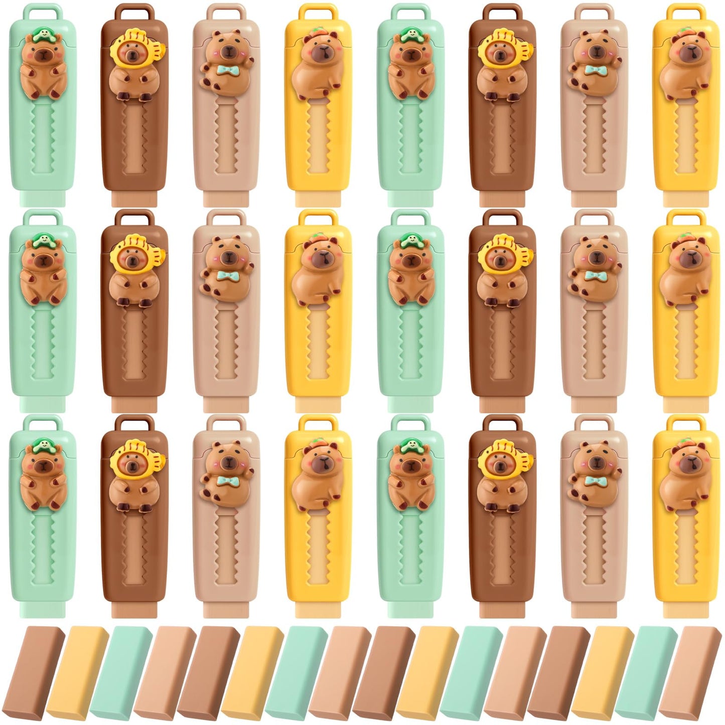 Gersoniel 48 Pack Capybara Retractable Erasers 24 Pcs Push-Pull Rubbers with 24 Pcs Refill Rubbers for Capybara Lovers Office Supply Gifts