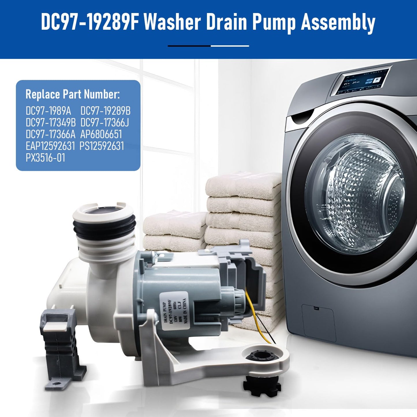 DC97-19289F Washer Drain Pump Assembly Compatible with Samsung Washing Machine Replaces DC97-19289A DC97-19289B DC97-17349B DC97-17366J DC97-17366A AP6806651 EAP12592631 PS12592631 PX3516-01