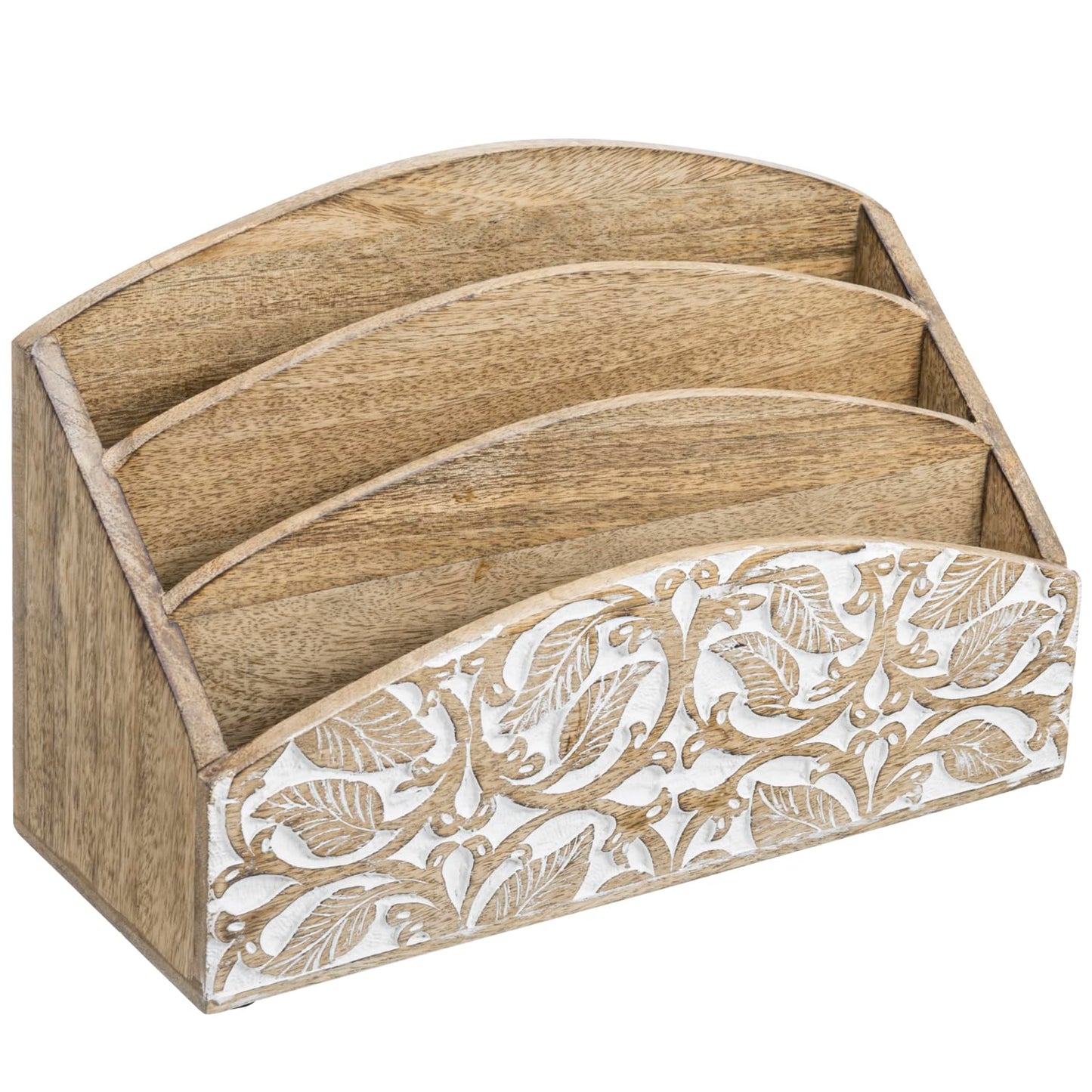 MyGift 3 Tier Rustic Solid Mango Wood Desk Mail Holder and Stationery Sorter with Hand Carved Leaf Pattern, Decorative Office Desktop Document Storage Organizer - Handcrafted in India