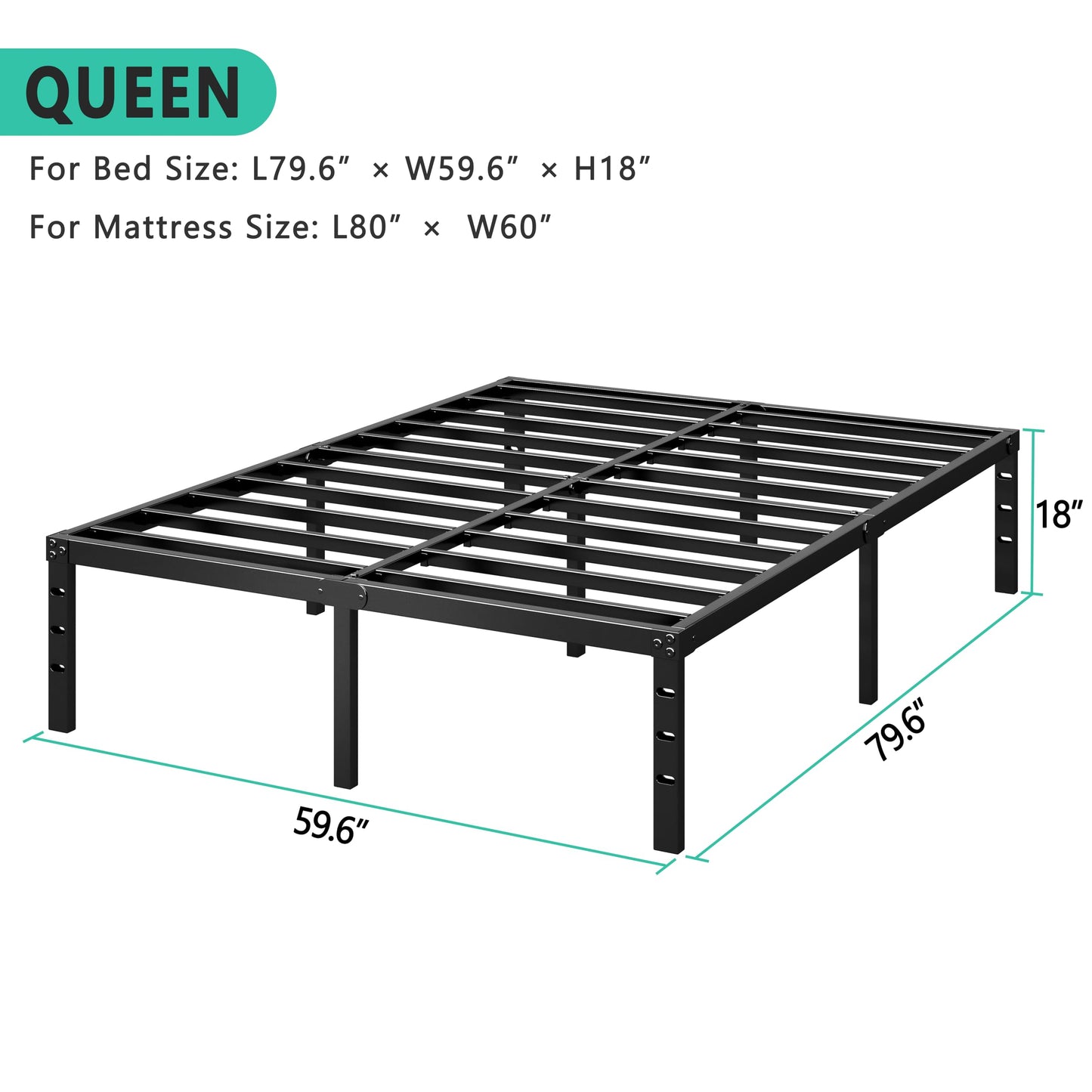 HLIPHA Metal Platform Bed Frame 18 Inch Tall,No Box Spring Needed,Queen Size Bed with Heavy Duty Strong Support Slats,Easy to Assemble,Black