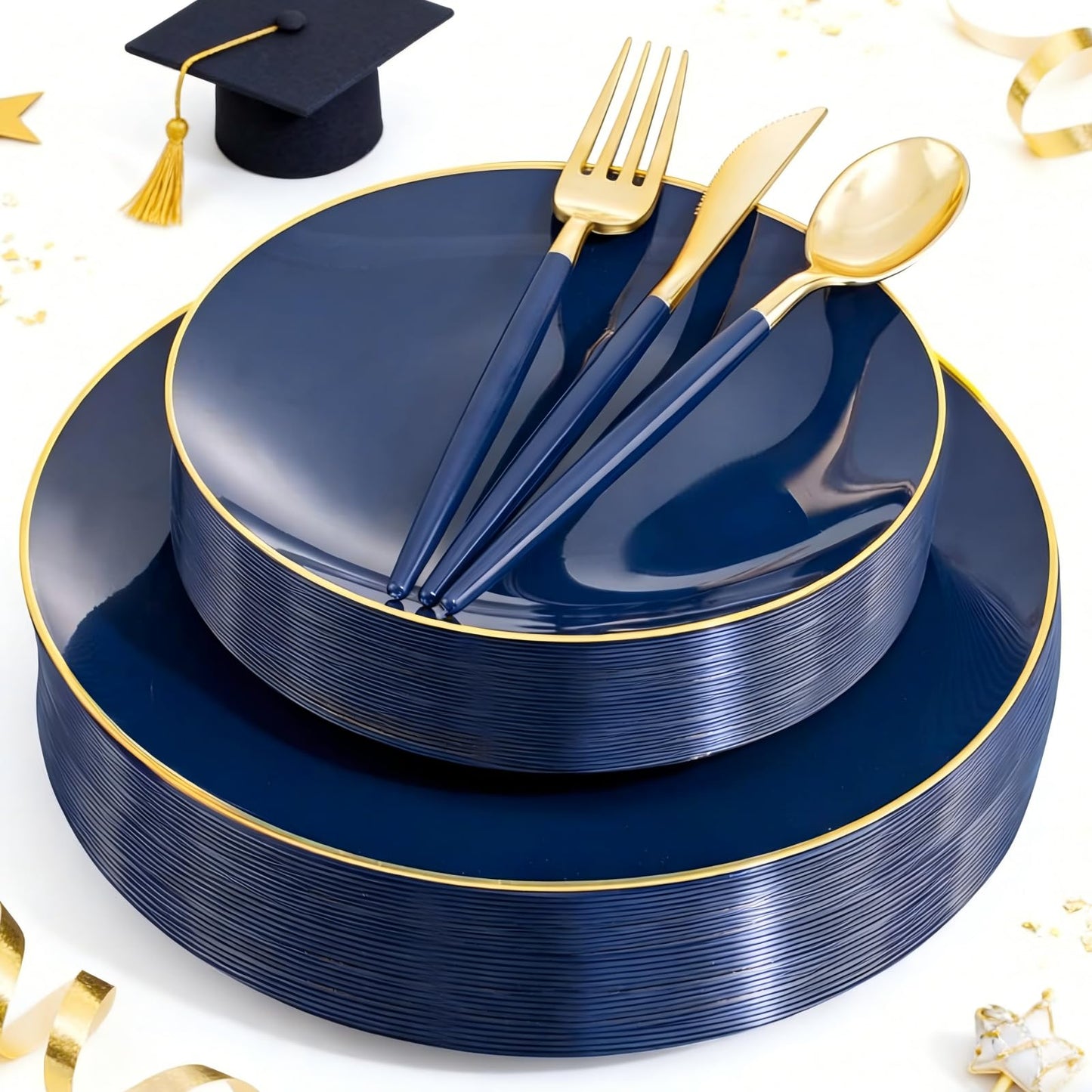 Liacere 150PCS Blue Plastic Plates - Gold Plastic Silverware with Blue Handle - Navy Disposable Plates Include 30 Guests Plates,Forks,Spoons,Knives for Party & Graduation & Independence Day