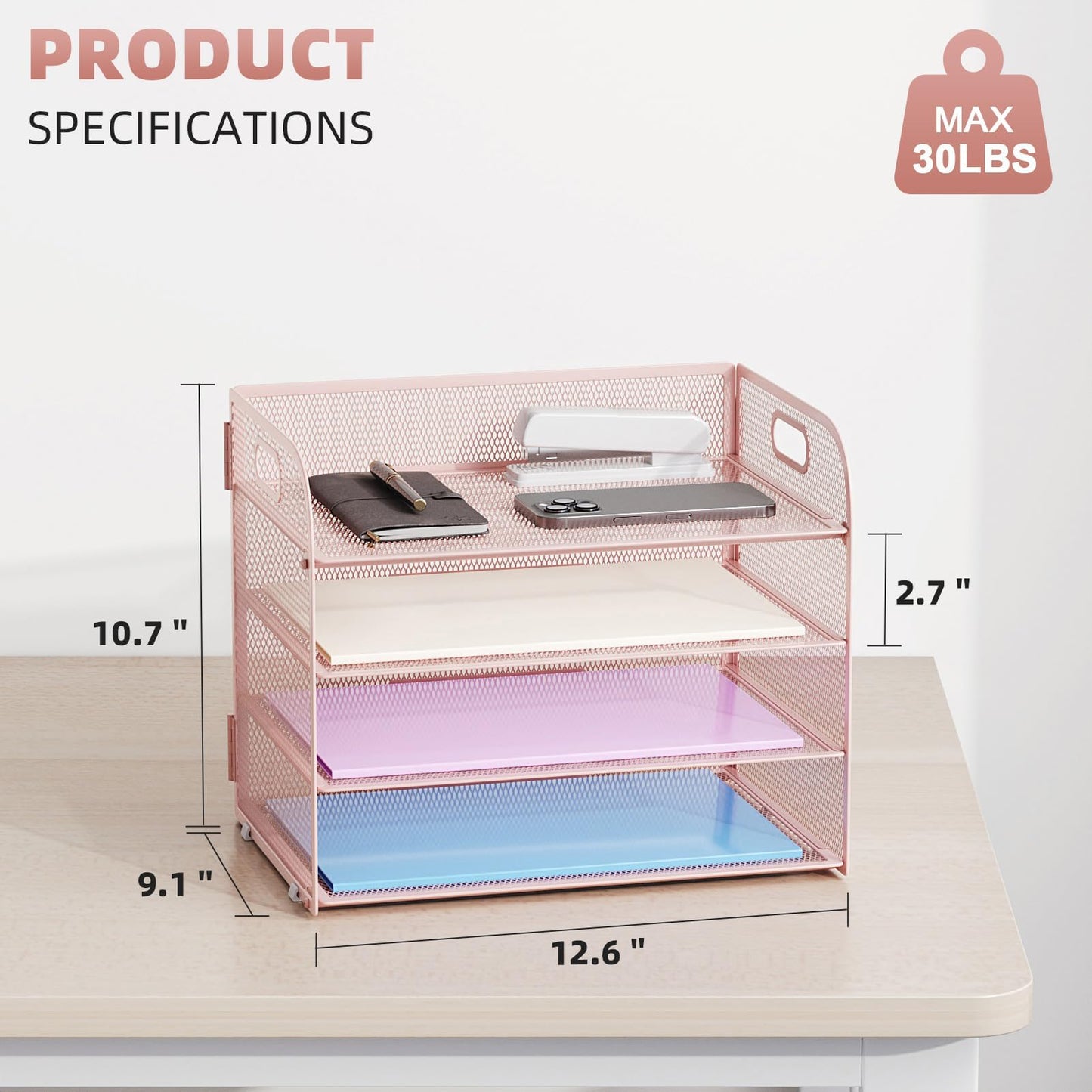Marbrasse 2 Pack 4 Tier Paper Organizer Letter Tray - Mesh Desk File Organizer with Handle, Paper Sorter Organizer for Letter/A4 Office File Folder Holder (Pink, 12.6" x 9.1" x 10.7")