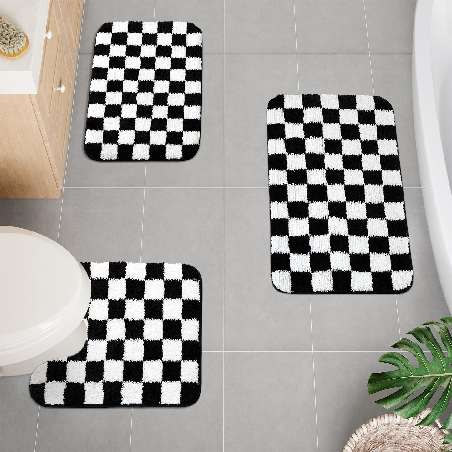Uphome Bathroom Rugs Set 3 Piece, Black and White Checkered Bath Mat Set Non Slip Machine Washable, Soft Plush Microfiber Bathroom Mat with U Shaped Toilet for Tub, Shower