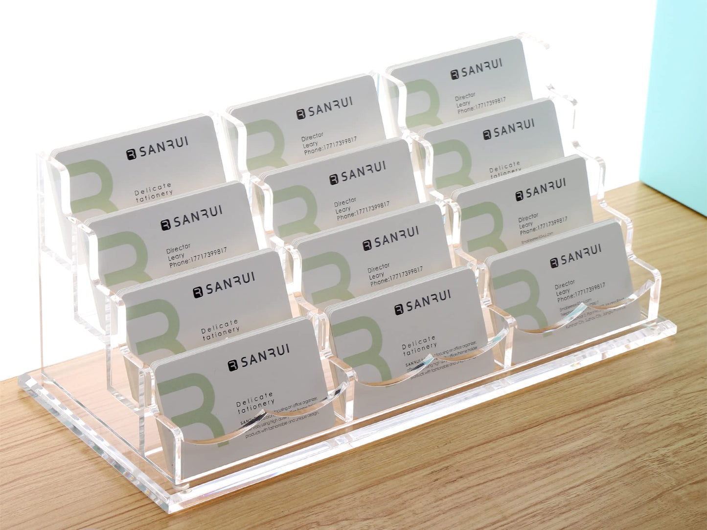 SANRUI Business Card Holder for Desk Clear Acrylic Business Card Holders, Business Card Display Stand 4 Tier 12 Slots