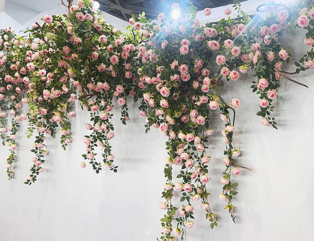 zhixinyue 2Pcs 12Ft Bendable Artificial Flower Garland Faux Rose Vine Hanging Floral Garland for Wall Decor Trellis Fence Home Room Garden Wedding Decoration(Pink, 2pcs)