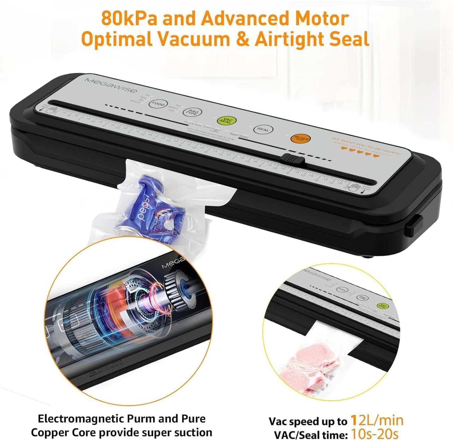 MegaWise Vacuum Sealer Machine, 80kPa Powerful Suction, One-Touch Automatic Food Sealer with Built-in Cutter & Bags Included, Dry Moist Modes for All Saving needs