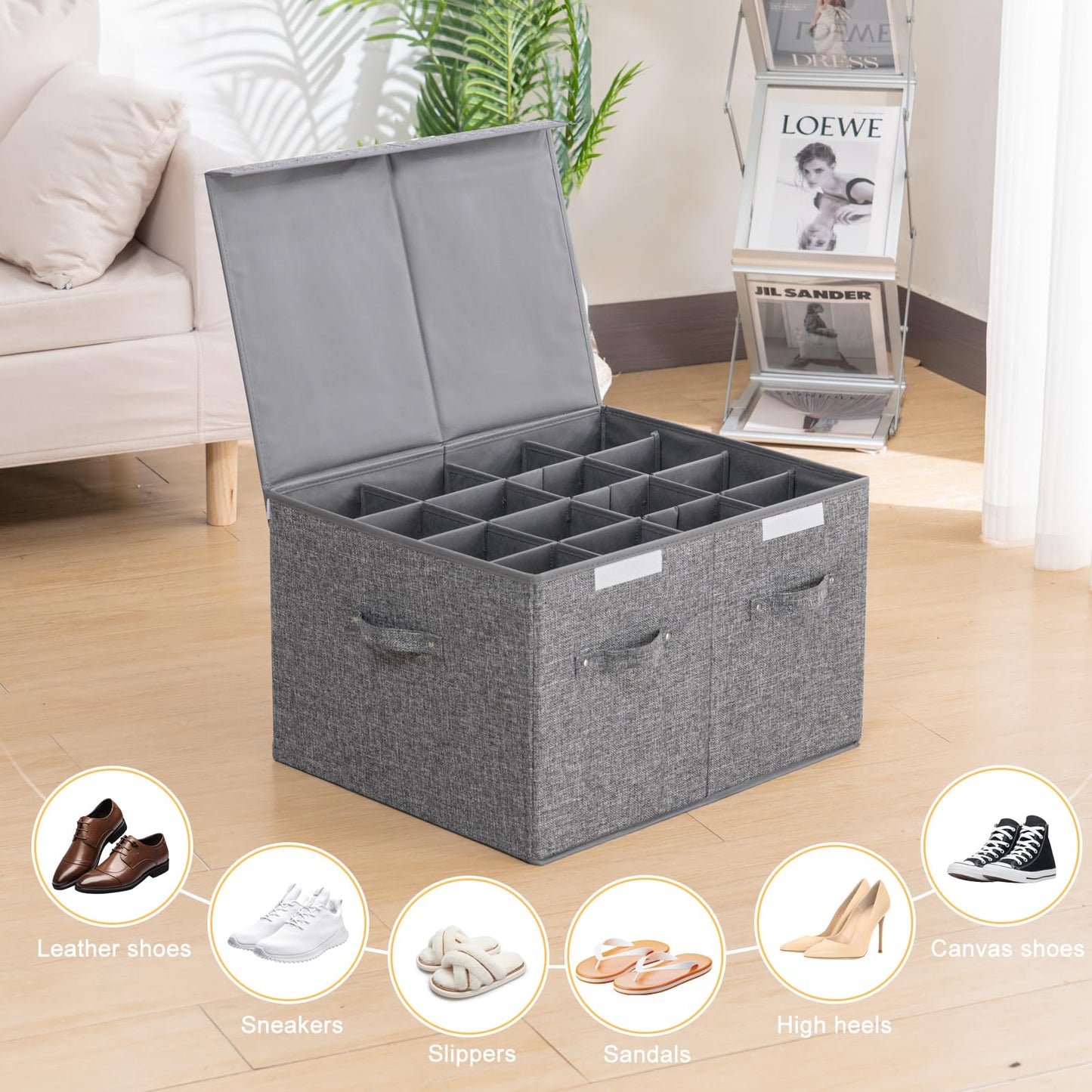 FBBABB 2 Pack Shoe Storage Box Fits 32 Pairs, Large Shoe Organizer with Lid and Adjustable Dividers for Closet, Shoes, Sneakers and High Heeled, Foldable and Stackable (Grey)